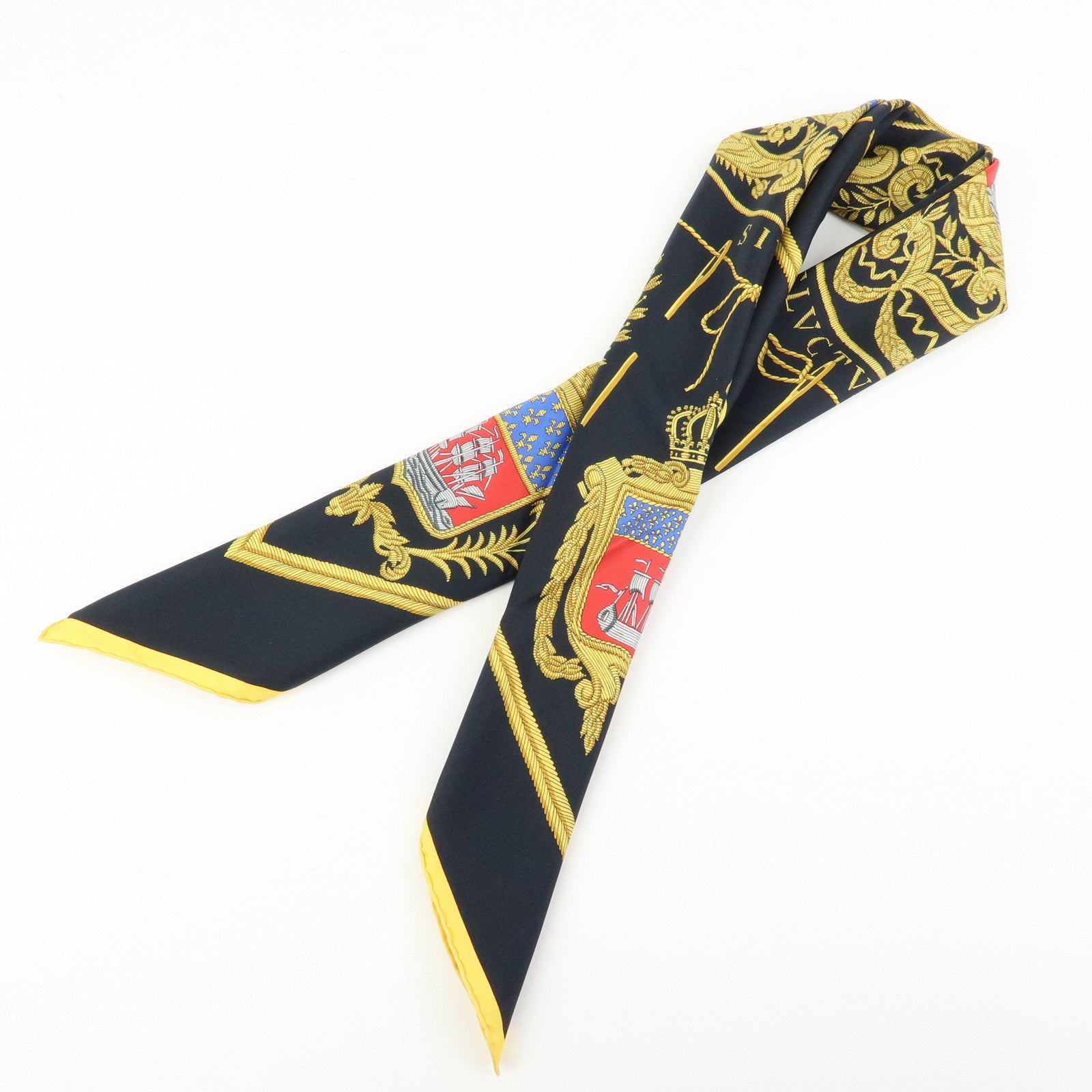 HERMES Carre 90 Silk 100% Les Armes de Paris Scarf Black Yellow Red