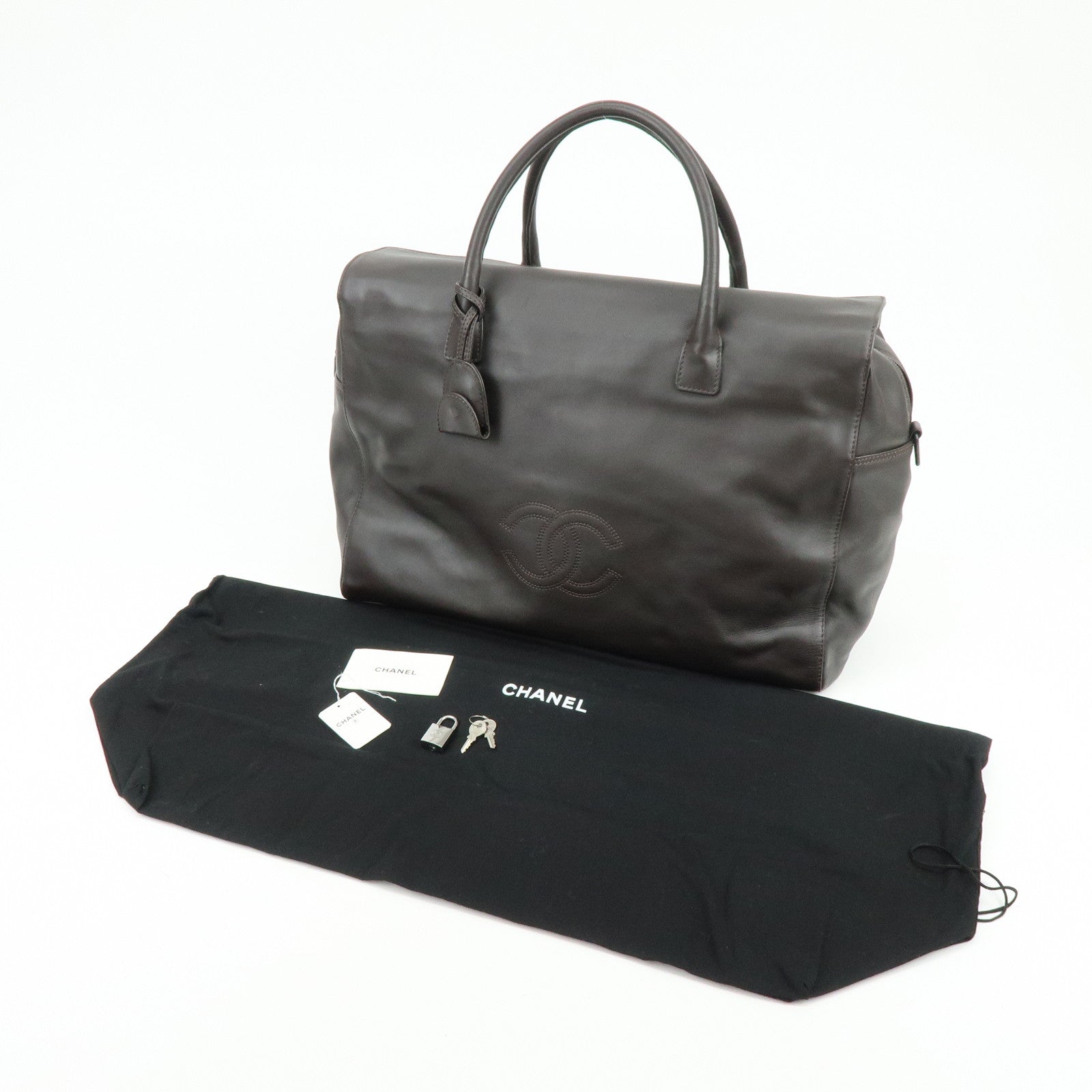 CHANEL COCO Mark Calf Skin Boston Bag Travel Bag Dark Brown