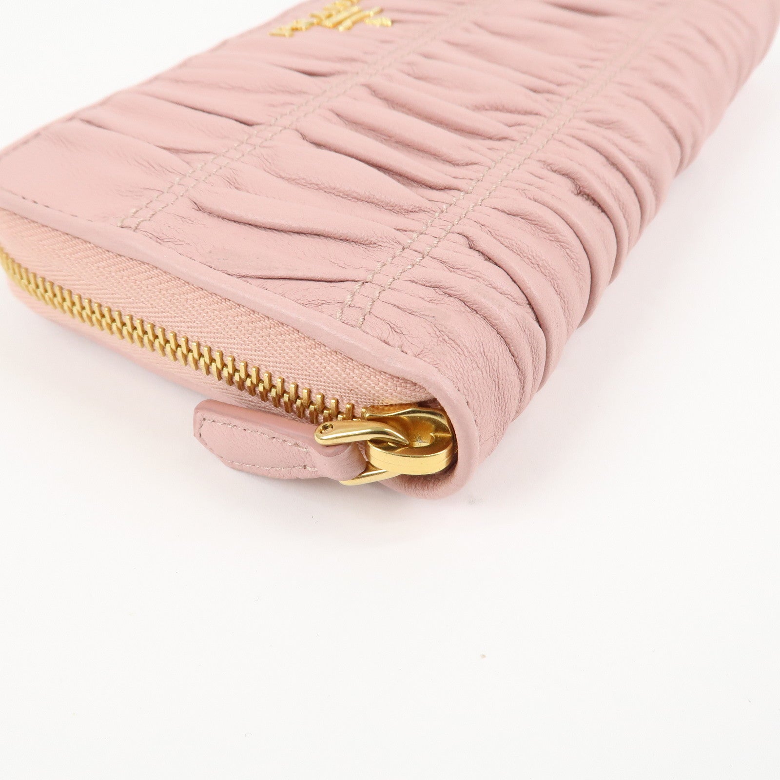 PRADA Leather Gather Round Zippy Wallet Gold Hardware Pink 1M0506 Used