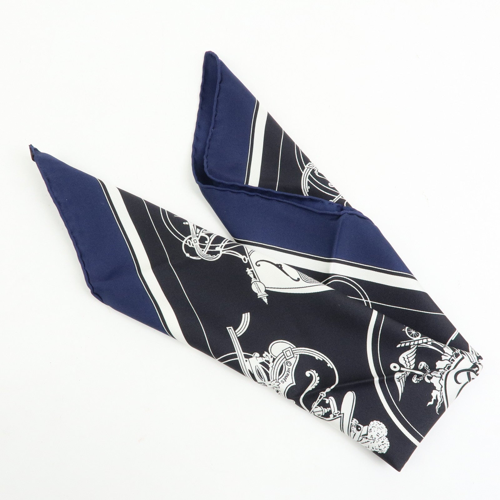 HERMES Carre 42 Silk 100% Ex-Libris Fringe Scarf Black Navy