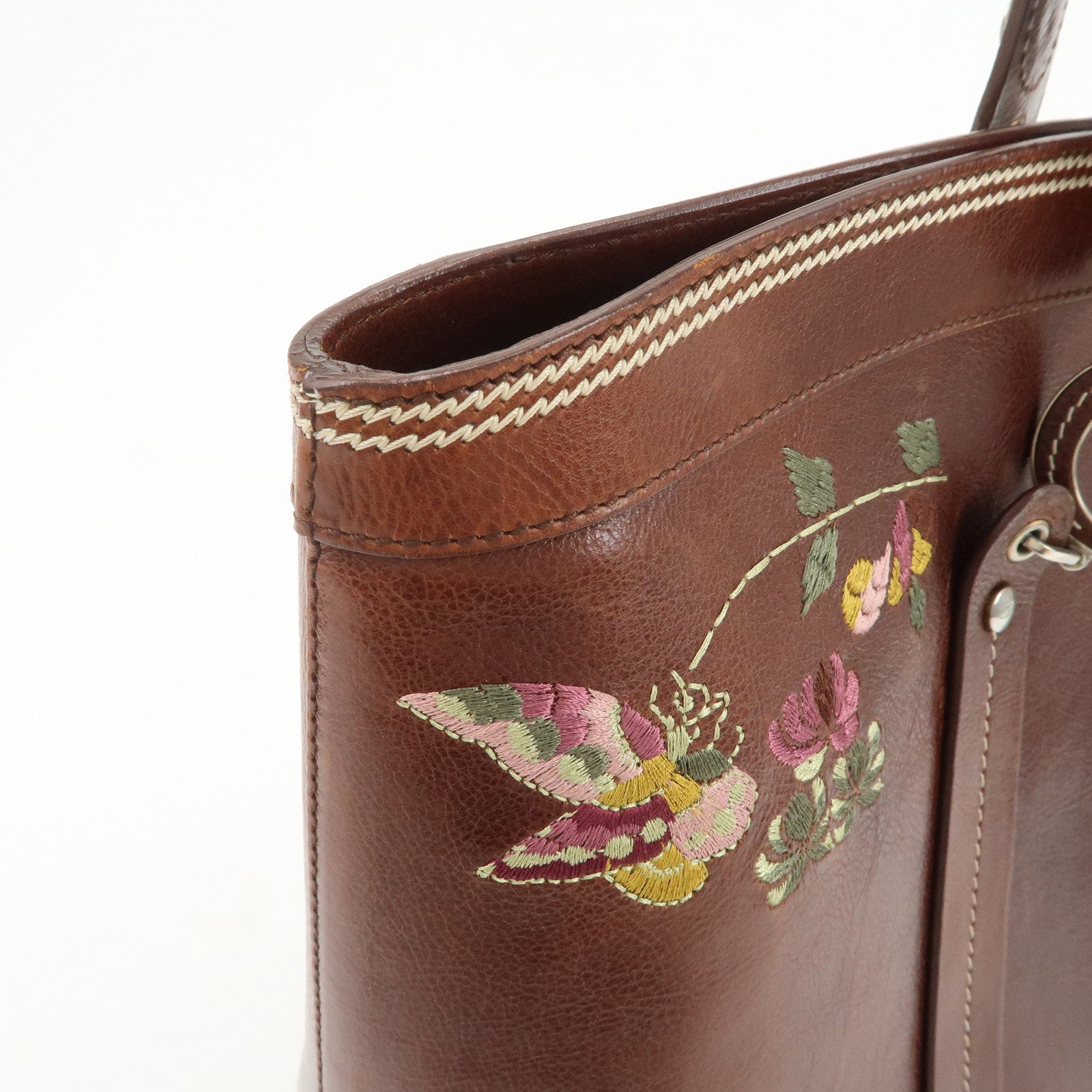Christian Dior Leather Flower Embroidery Tote Shoulder Bag Brown
