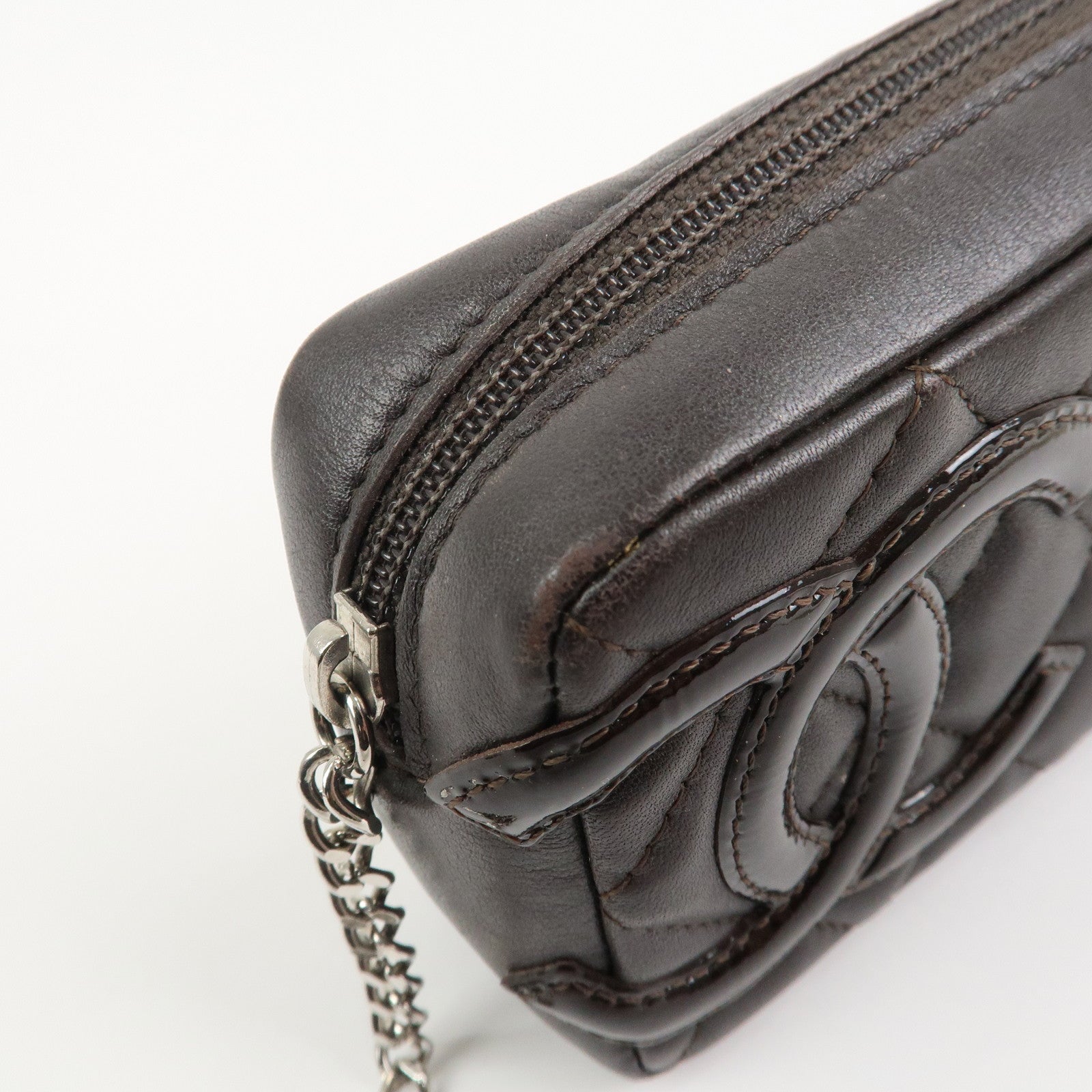 CHANEL Cambon Line COCO Mark Lambskin Cosmetic Pouch Brown