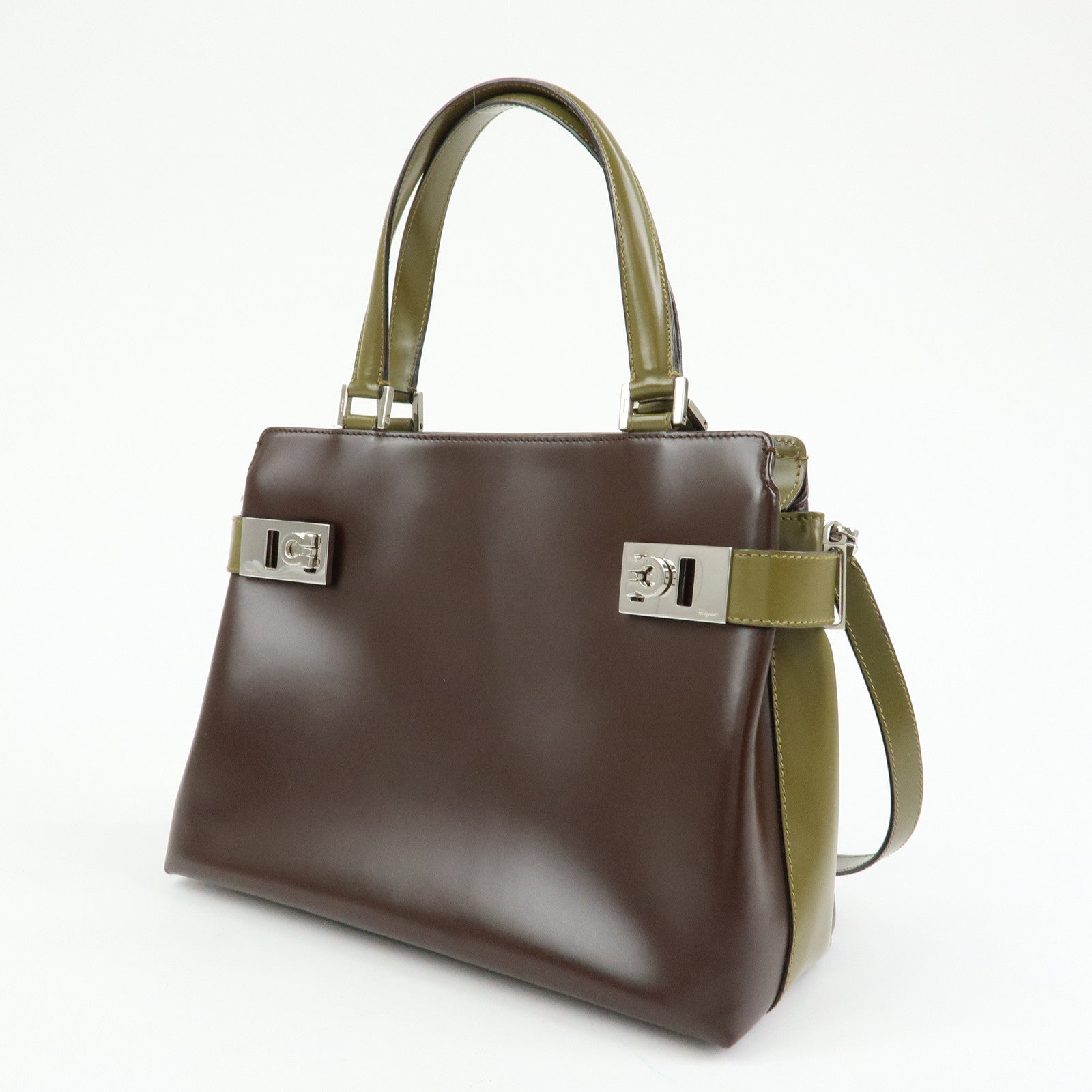 Ferragamo Gancini Leather 2Way Hand Bag Shoulder Bag Brown Khaki