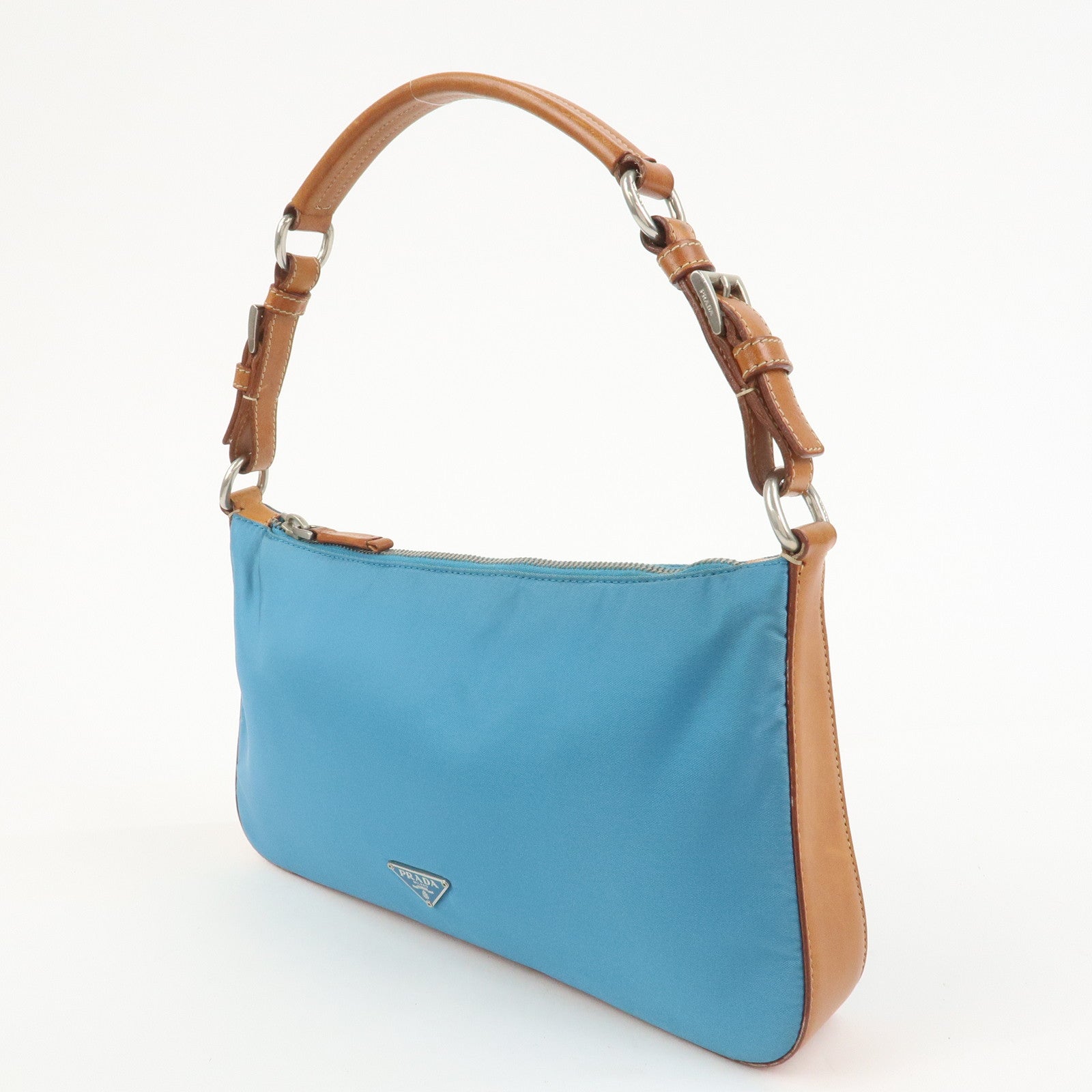 PRADA Triangle Logo Nylon Leather Shoulder Bag Blue Brown BR2205