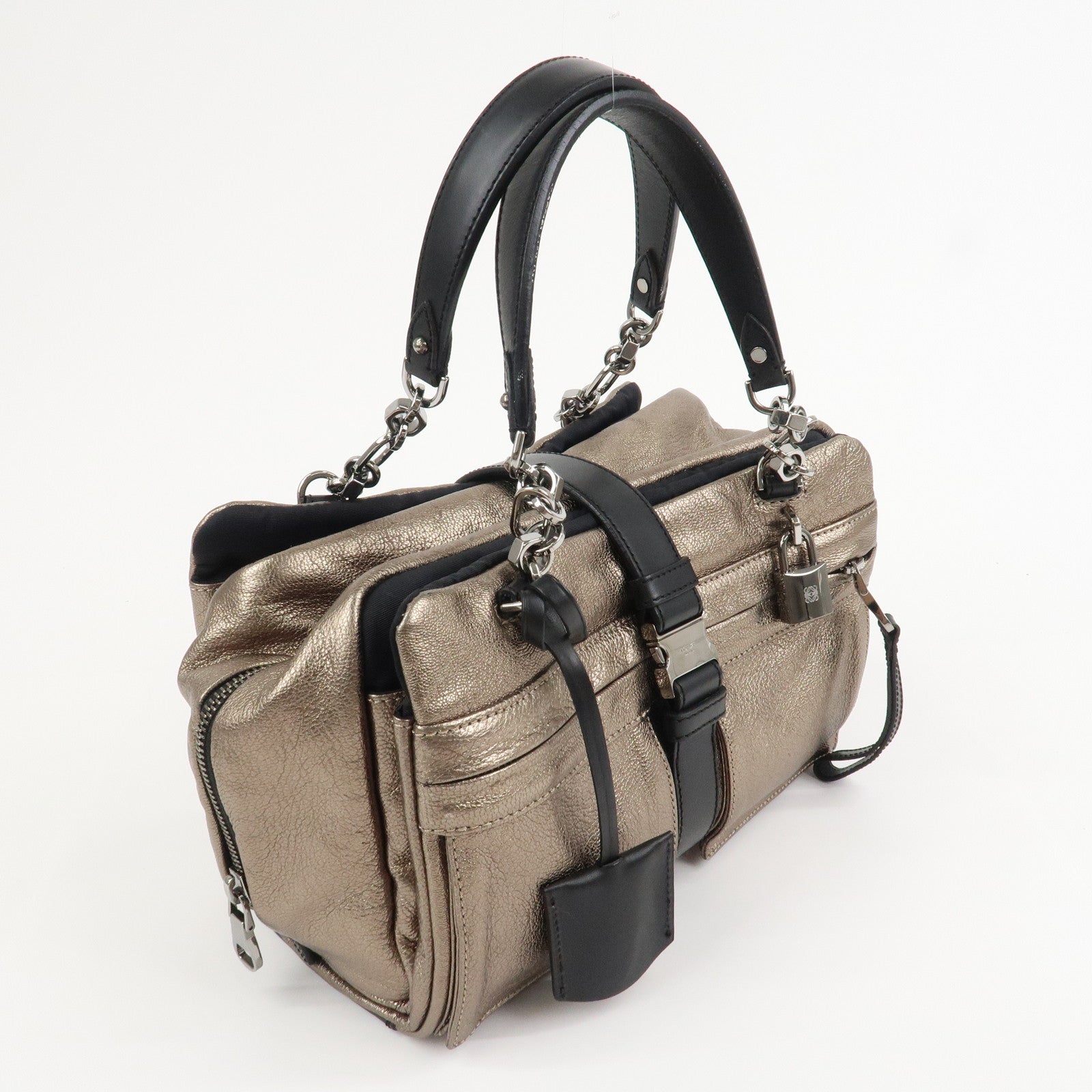 LOEWE Rola 26 Calf Skin Hand Bag Boston Bag Gold Black