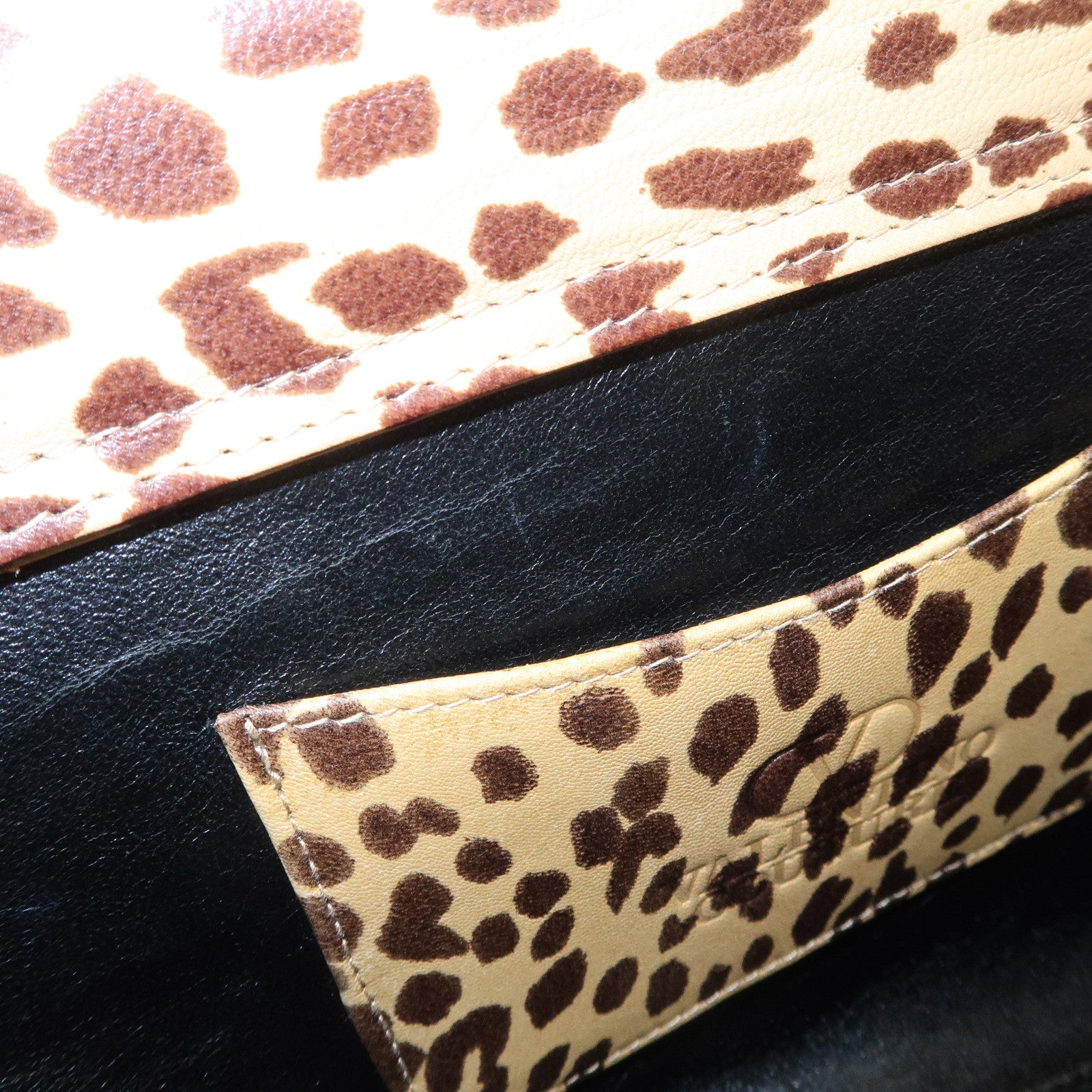 VALENTINO Leather Hand Bag Animal Leopard Beige Brown