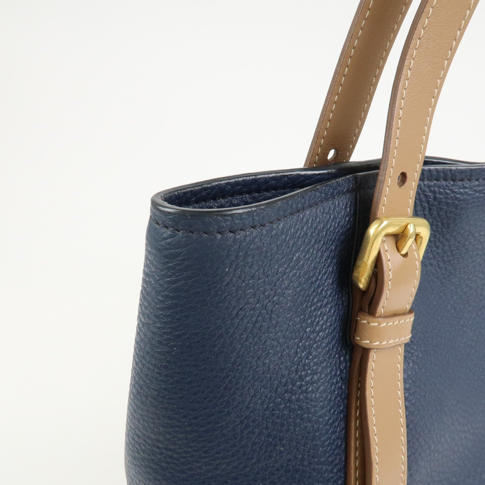 PRADA Logo Leather Tote Bag Shoulder Bag Navy Light Brown 1BG064