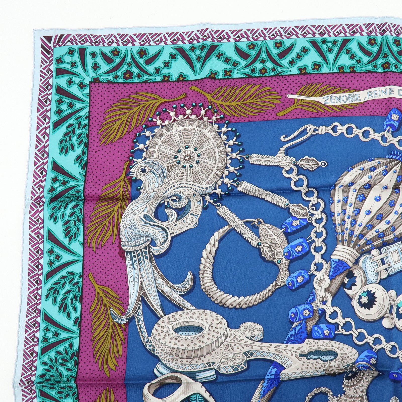 HERMES Carre 90 Silk 100% Scarf ZENOBIE REINE DE PALMYRE Blue