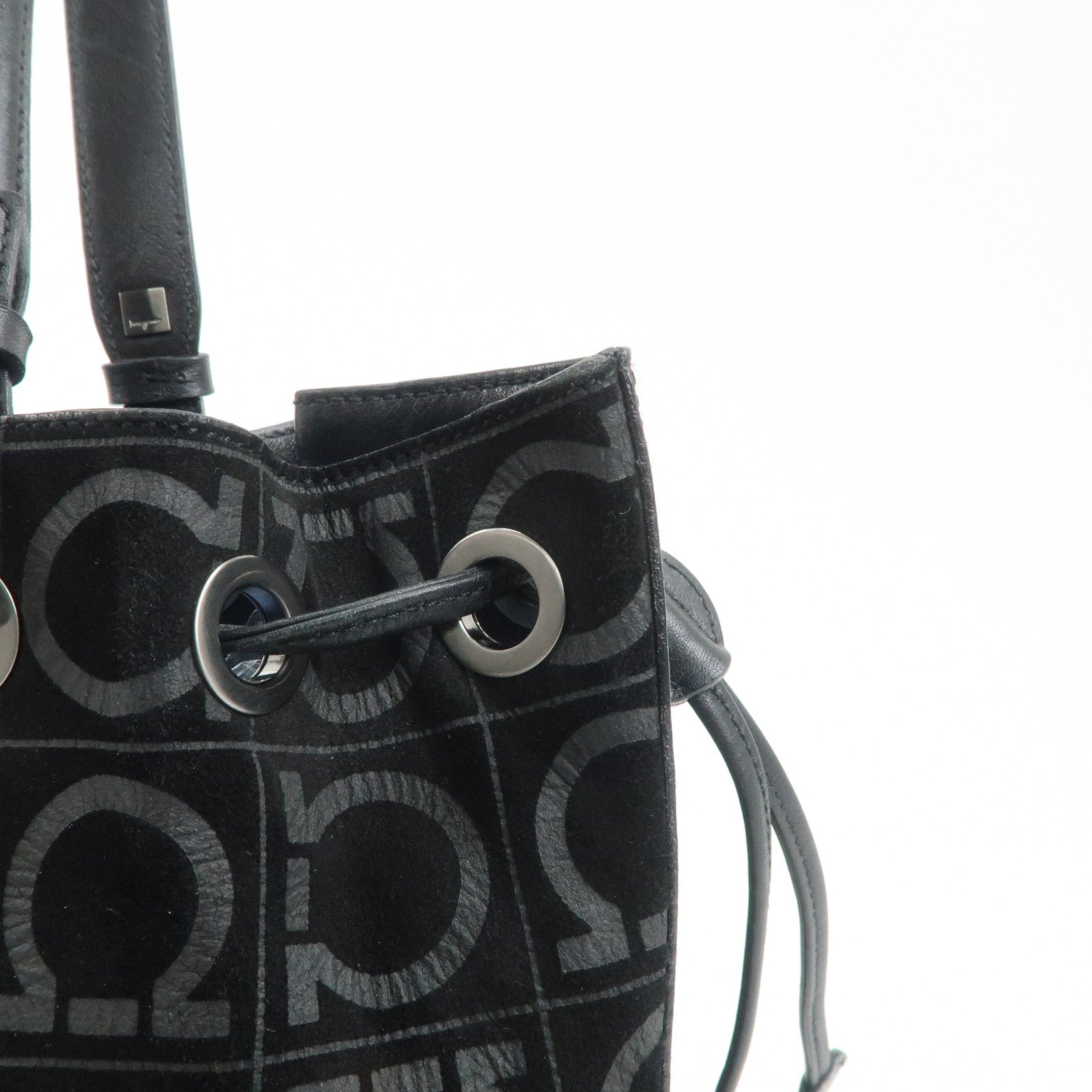 Ferragamo Gancini Leather Suede Shoulder Bag Hand Bag Black