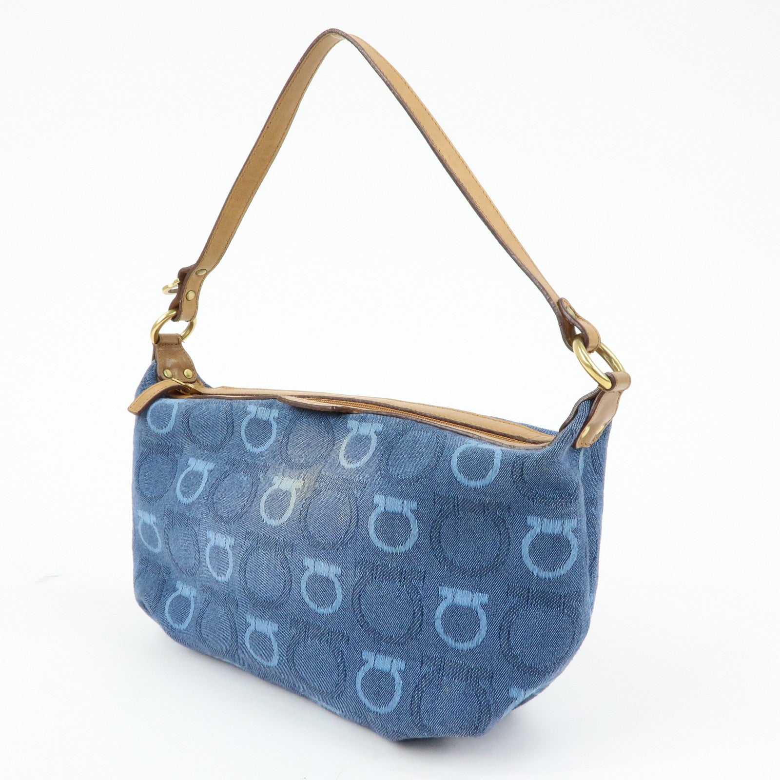 Ferragamo Gancini Canvas Leather Hand Bag Shoulder Bag Blue