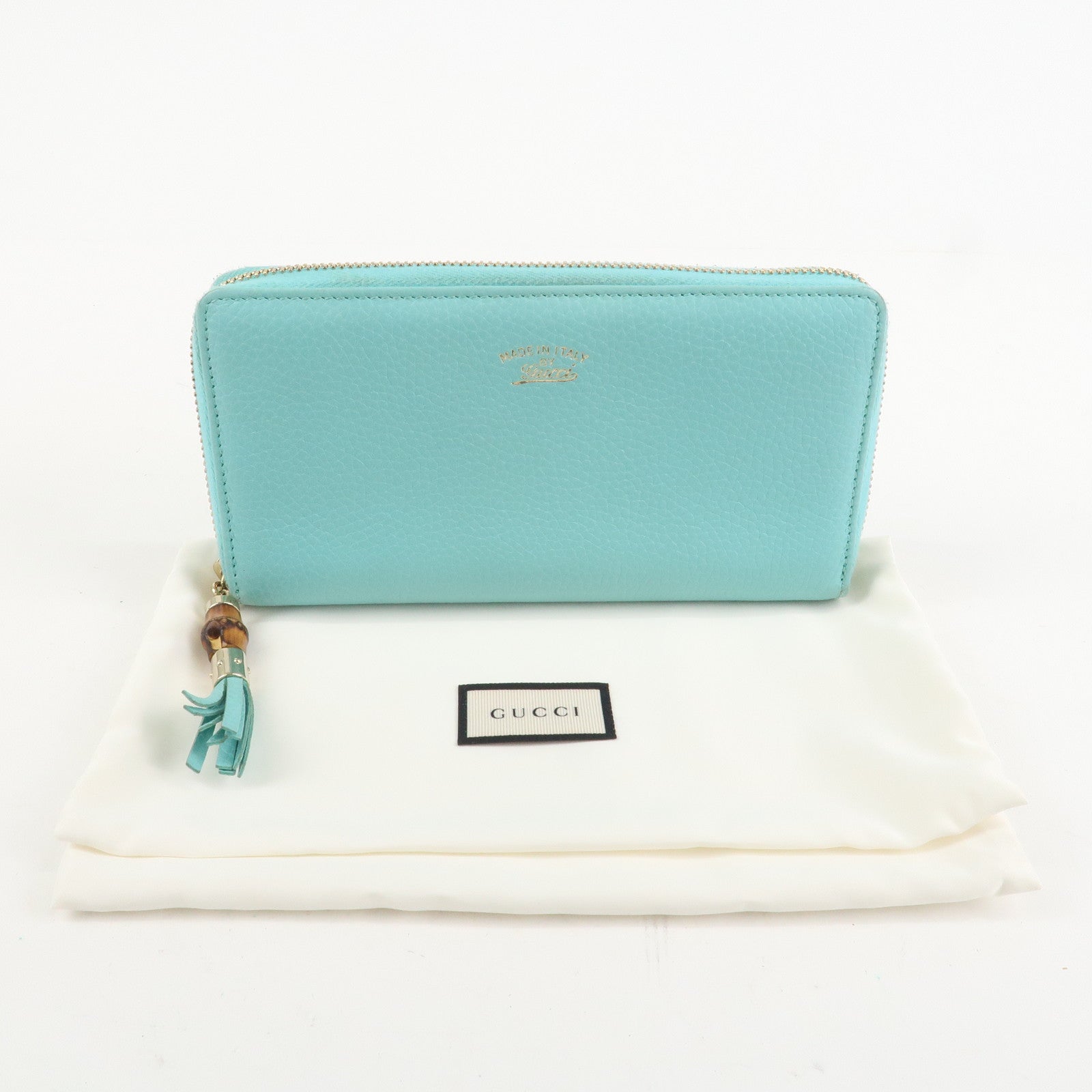 GUCCI Bamboo Leather Round Zippy Wallet Long Wallet Light Blue 307984 Used