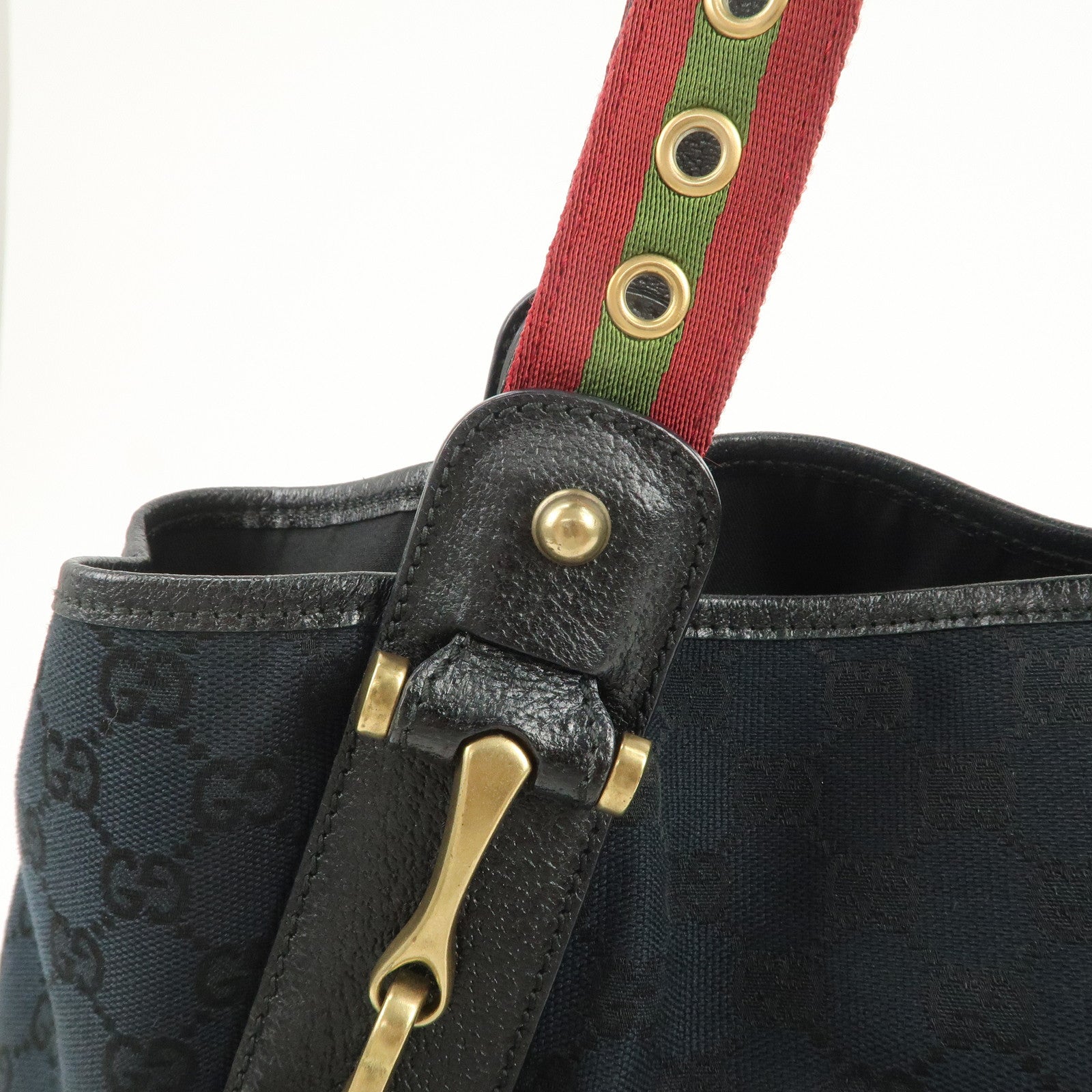 GUCCI Horsebit GG Canvas Leather Tote Bag Hand Bag Black 144186