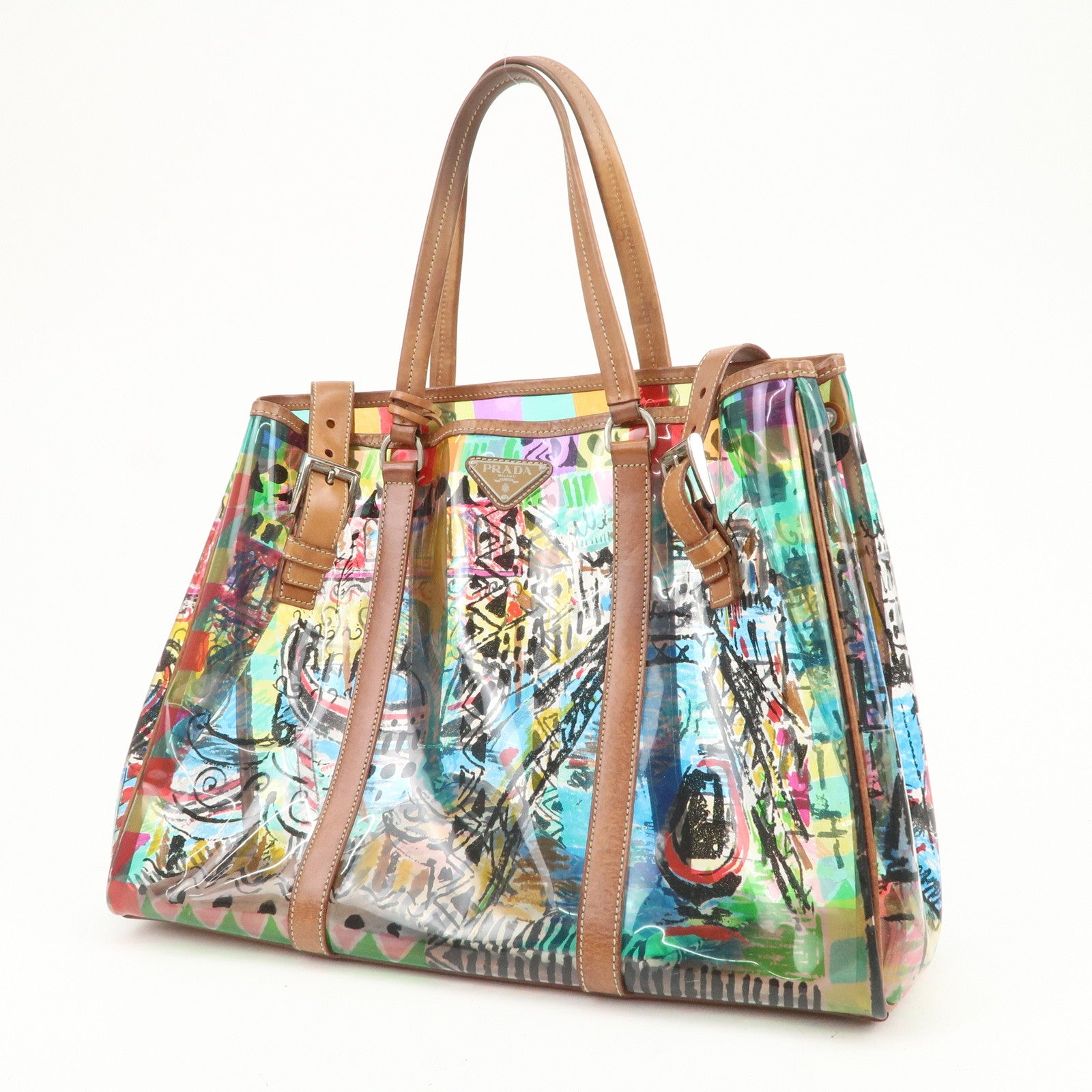 PRADA Venetian Print PVC Leather Tote Bag Clear Multicolor BR2515