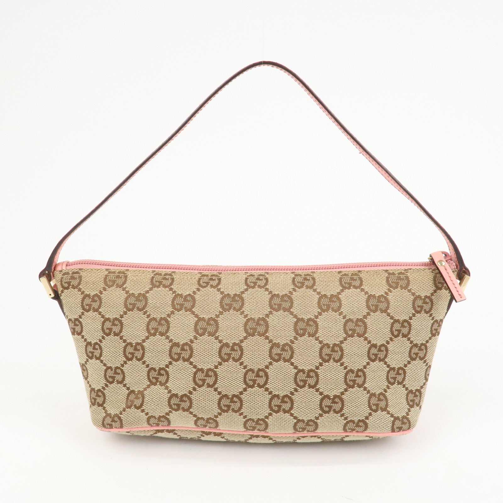 GUCCI Boat Bag GG Monogram Canvas Leather Hand Bag Beige Pink 07198
