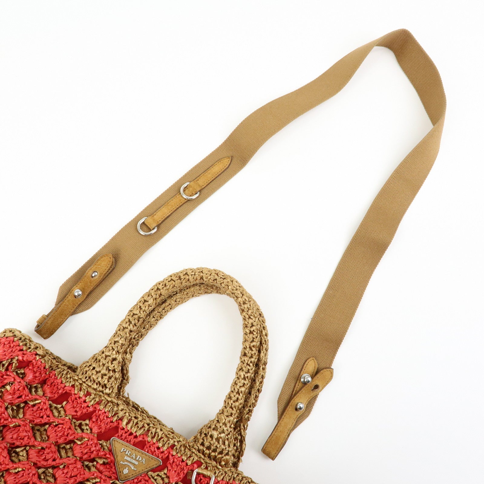 PRADA Triangle Logo Raffia 2Way Bag Hand Bag Shoulder Bag Red Brown