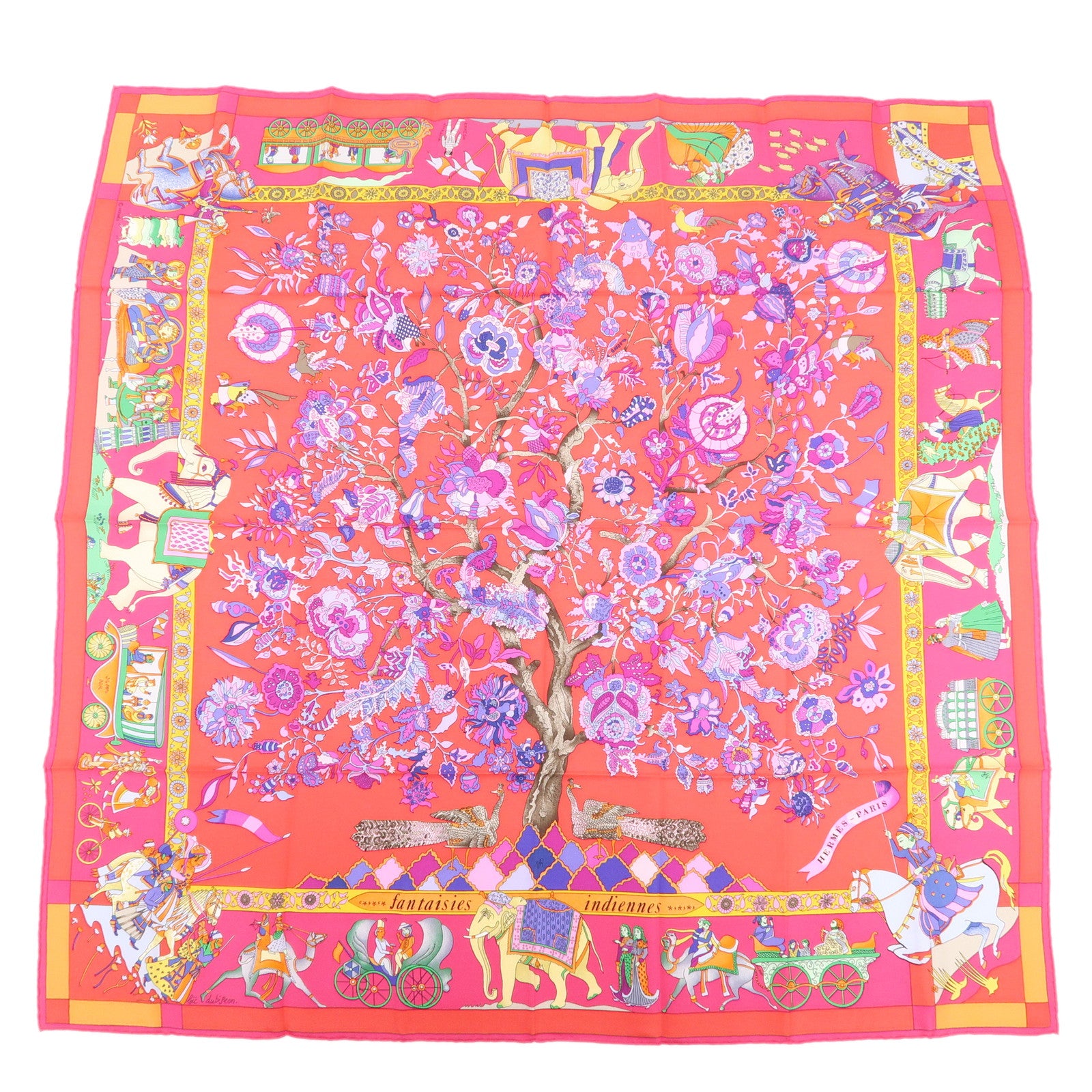 HERMES Carre 90 Silk 100% Scarf Fantaisies Indiennes Pink Red