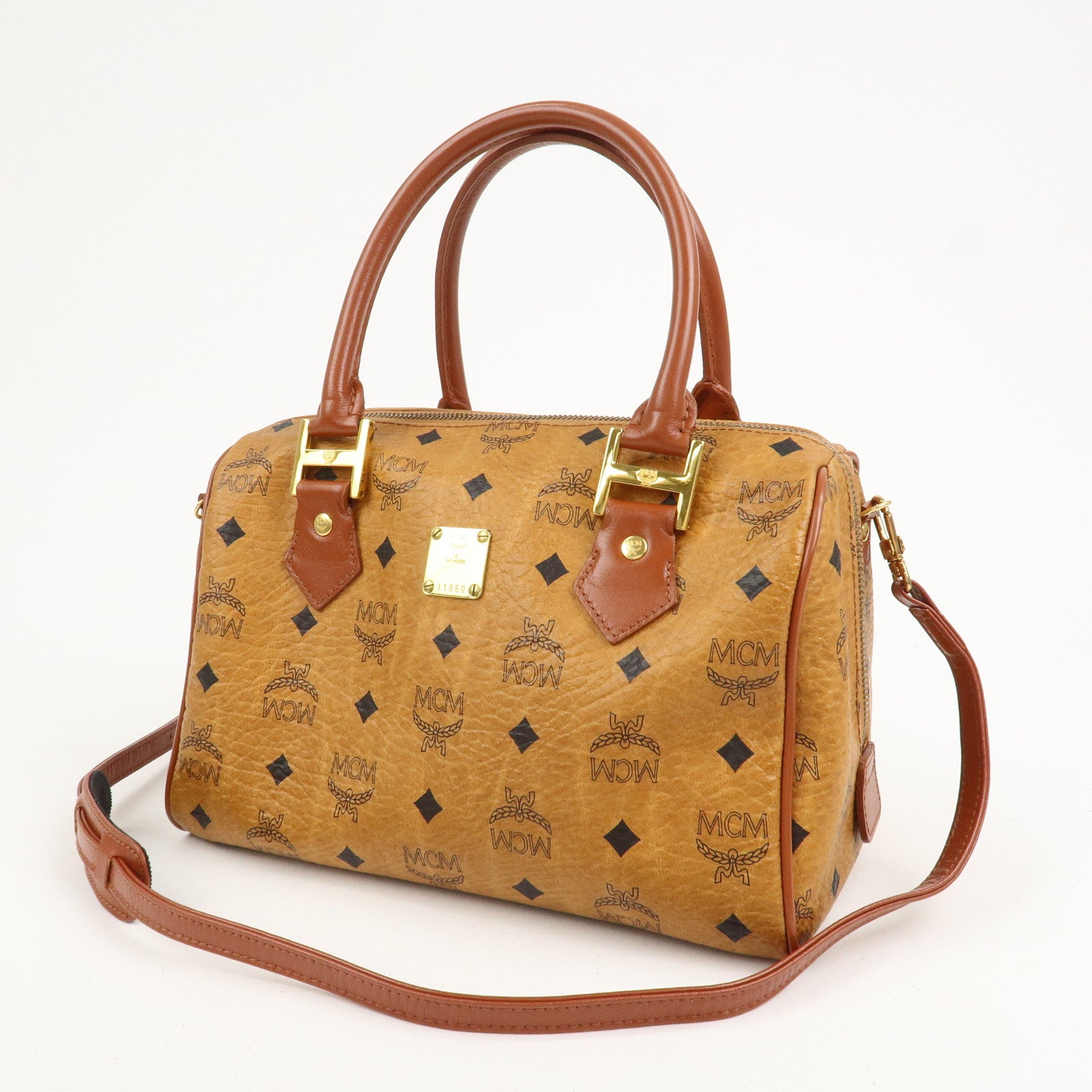 MCM Visetos Leather 2Way Bag Boston Bag Cognac