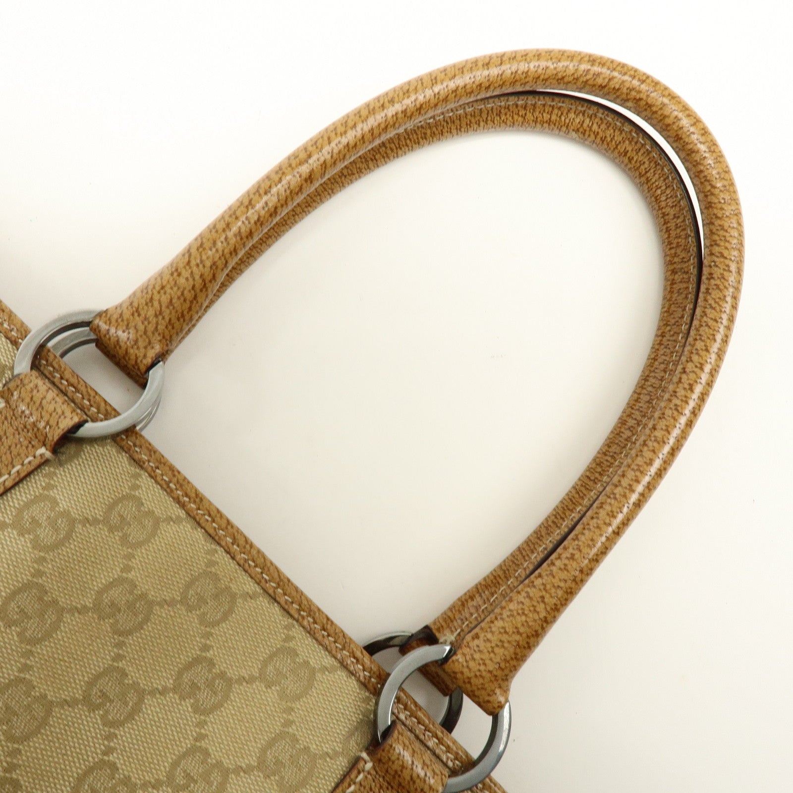 GUCCI GG Canvas Leather Tote Bag Hand Bag Beige Camel 113011