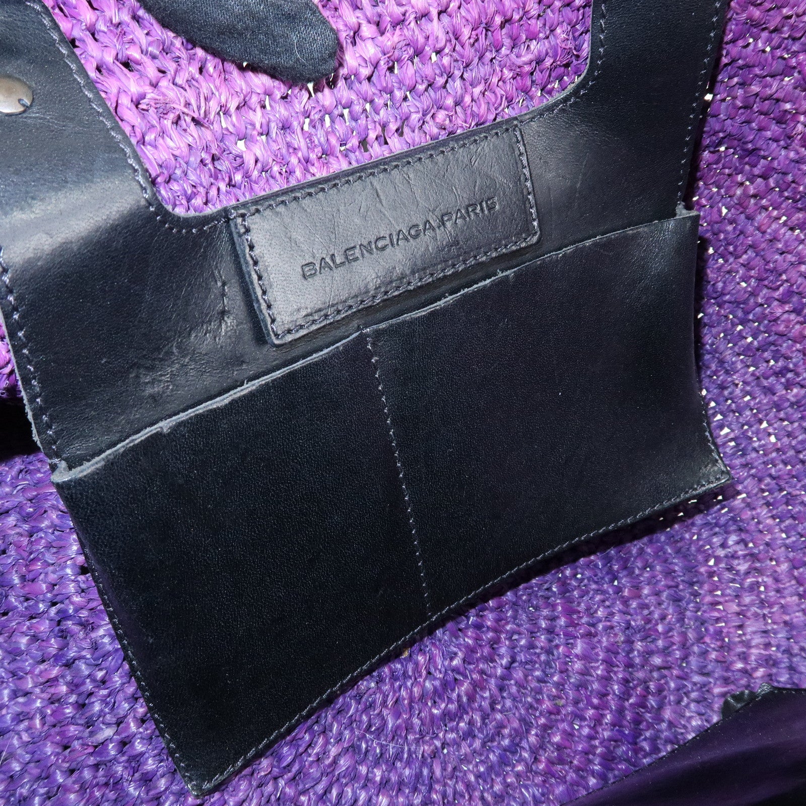 BALENCIAGA Leather Raffia Small Hand Bag Purple Black 236741