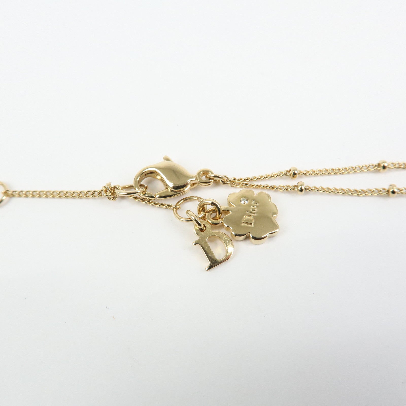 Christian Dior Logo Metal Double Chain Necklace Heart Charm Gold