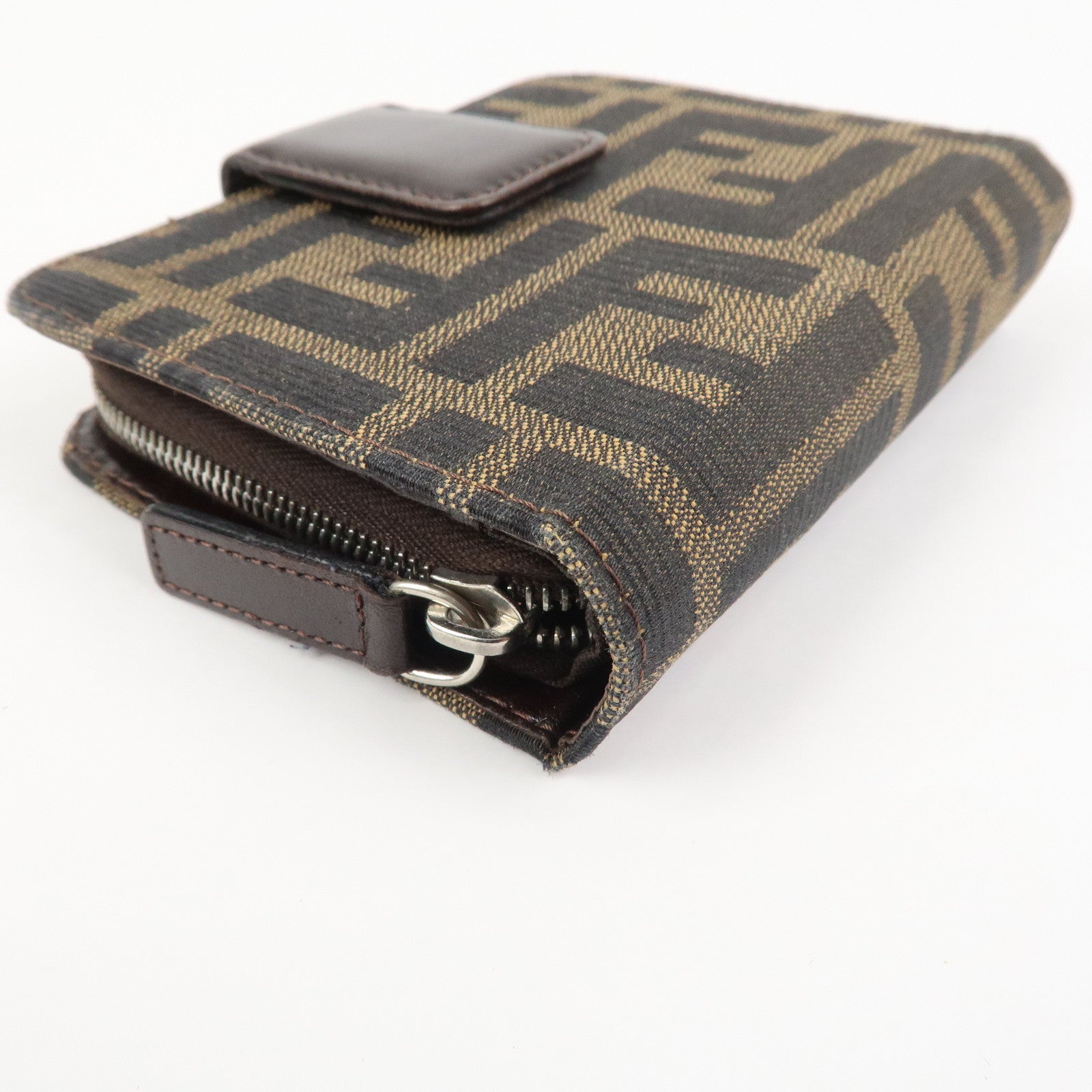 FENDI Zucca Canvas Leather Bi-fold Compact Wallet Brown Black 16348