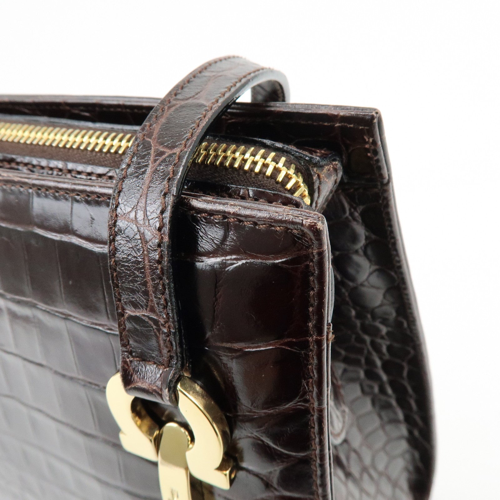 Ferragamo Gancini Embossed Leather Shoulder Bag Tote Bag Dark Brown
