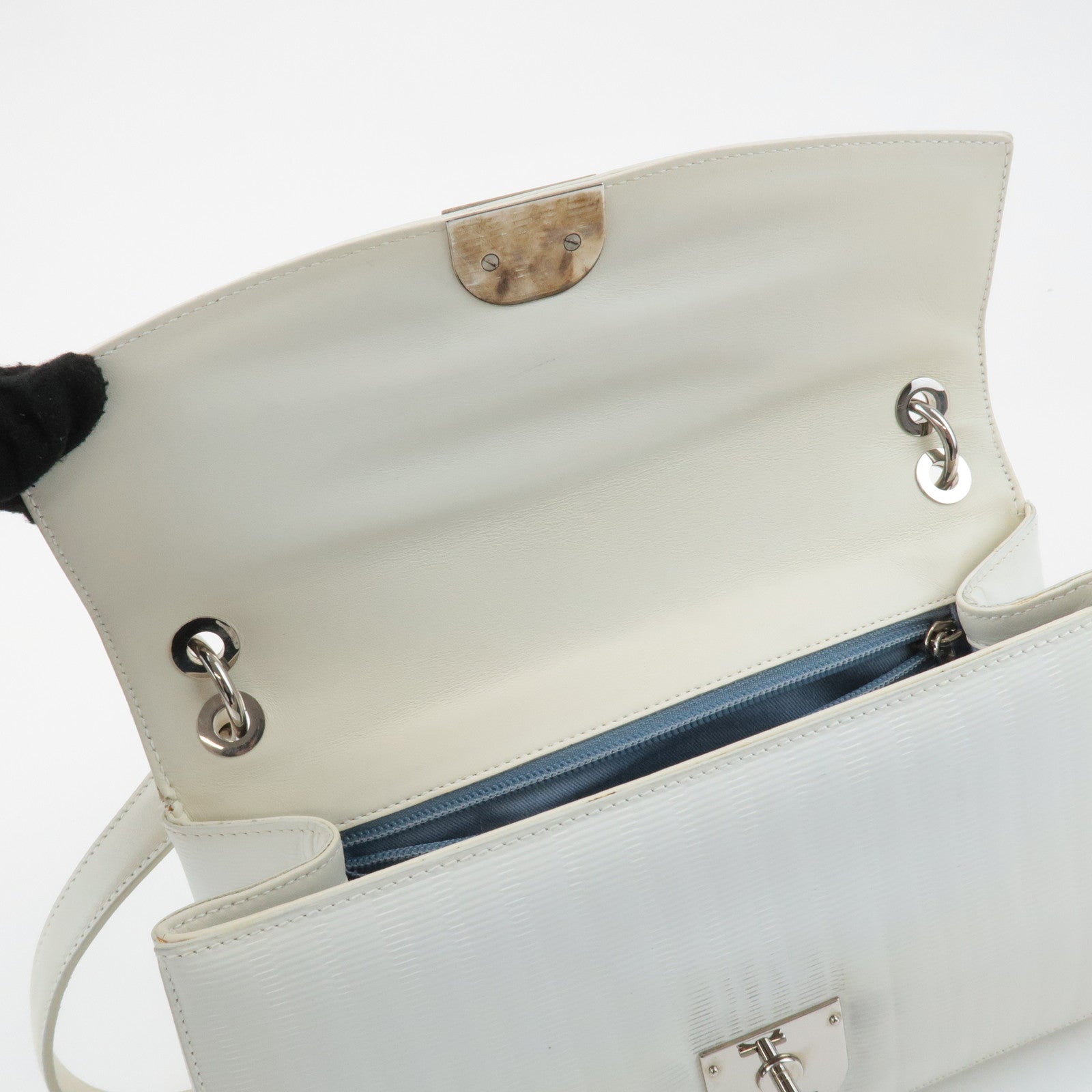 Ferragamo Gancini  Leather Shoulder Bag White Silver HDW Used