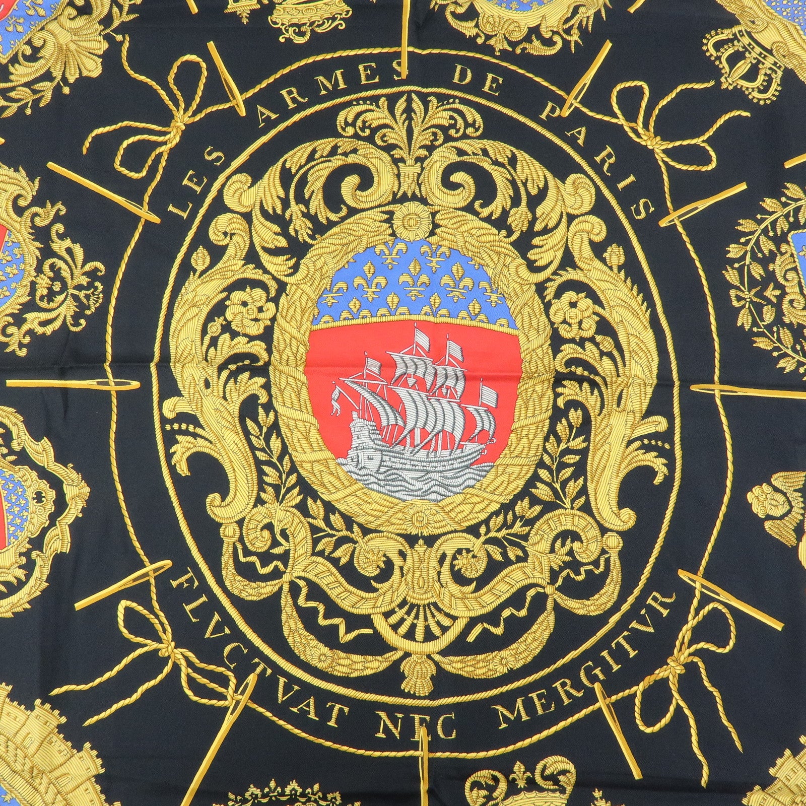 HERMES Carre 90 Silk 100% Les Armes de Paris Scarf Black Yellow Red