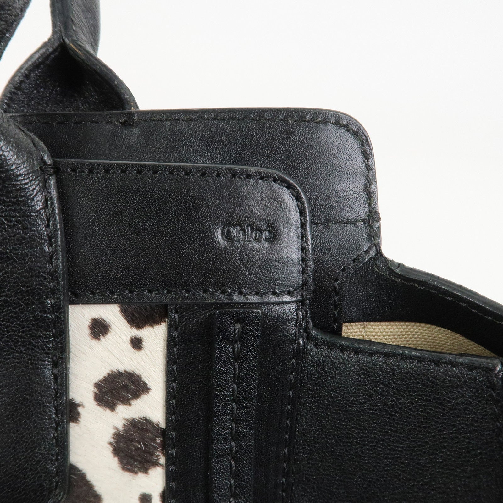 Chloe Alison Unborn Calf Leather Dalmatian Tote Bag Black Ivory
