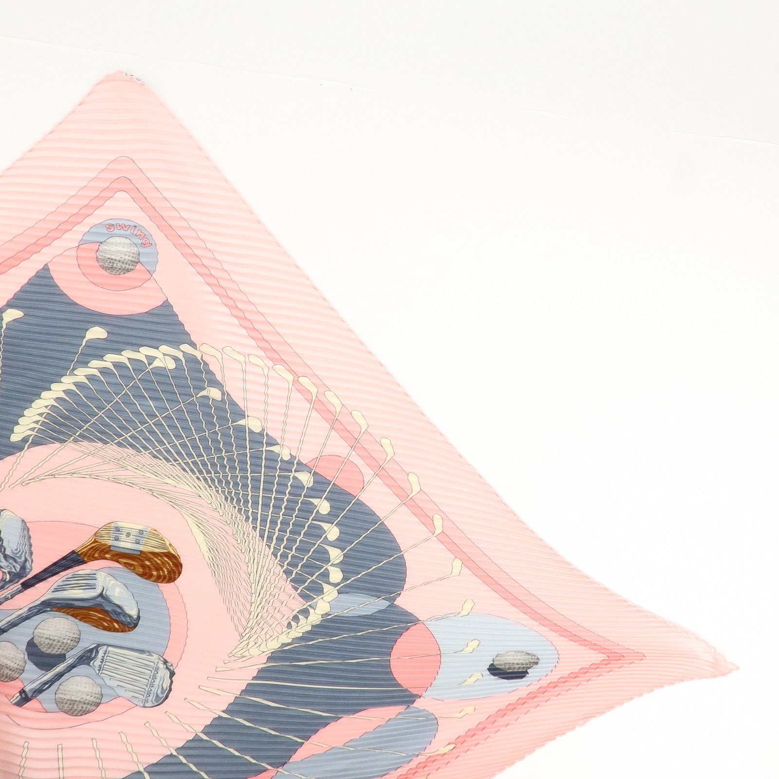 HERMES Pleated Carré Swing Silk 100% Scarf Golf Pattern Pink Gray