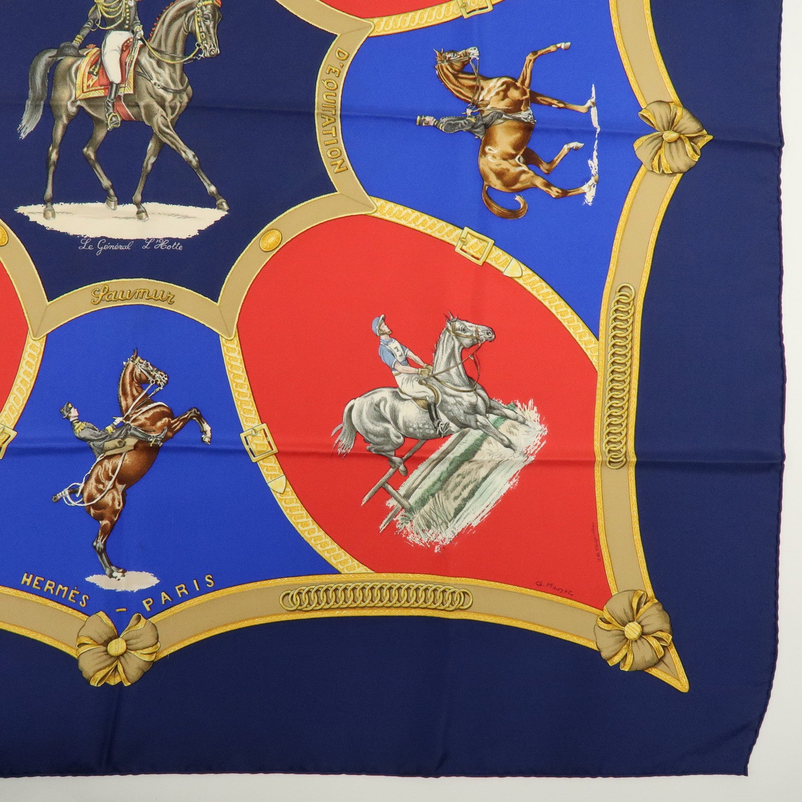 HERMES Carre 90 Silk 100% Scarf Le General LA Hotte Navy Red Blue