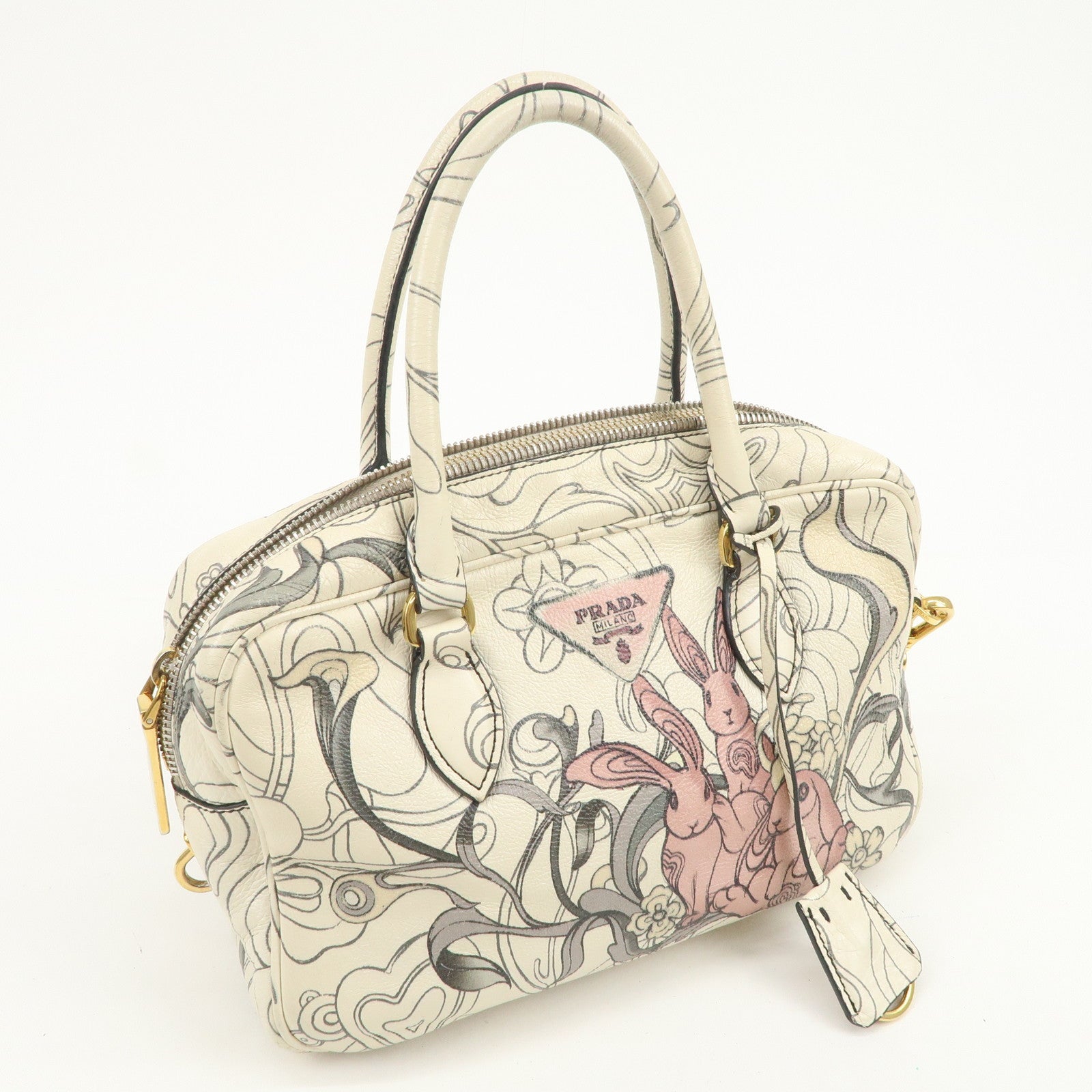 PRADA Triangle Logo Leather 2Way Hand Shoulder Bag Rabbit 1BB113