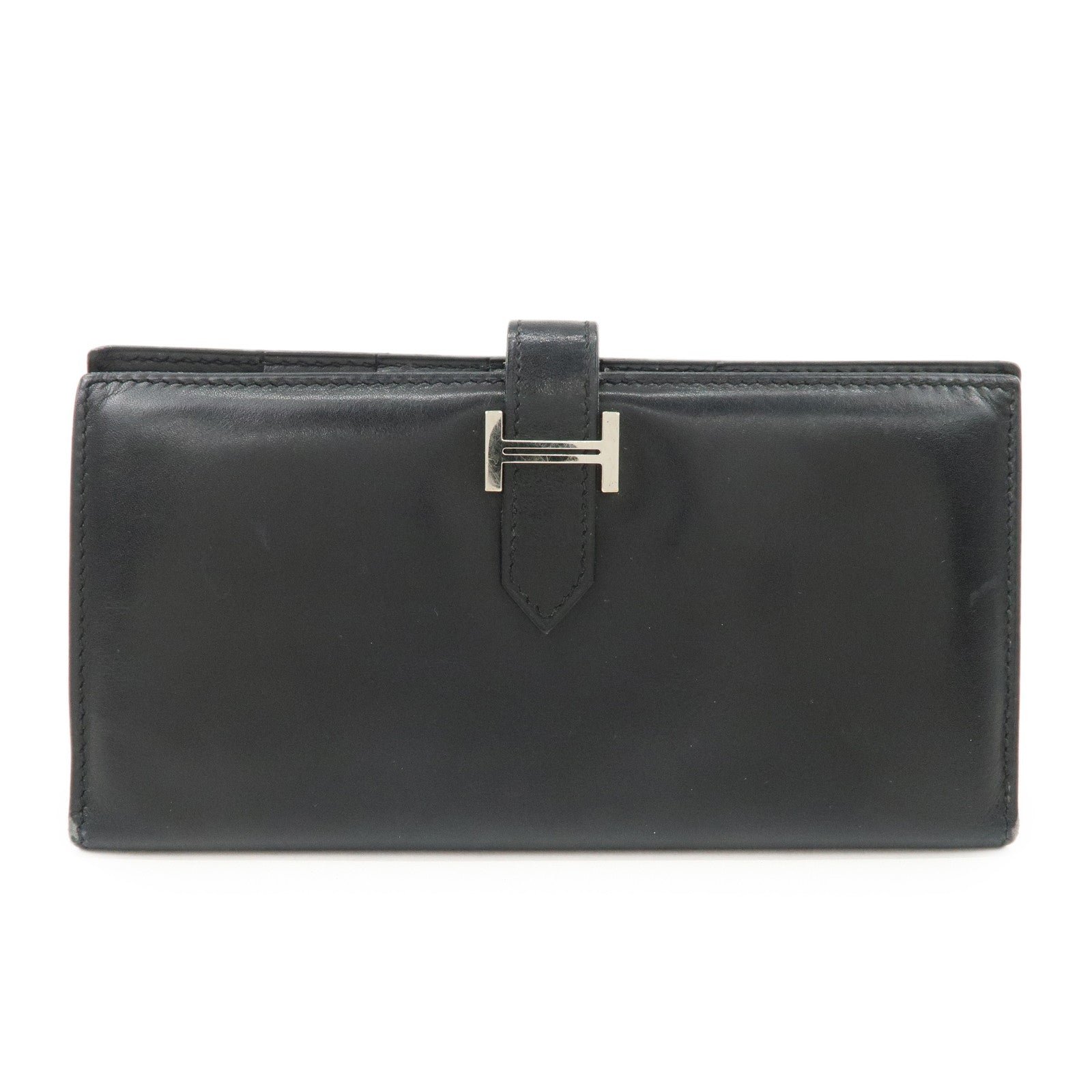 HERMES Box Calf Leather Beant Classic Long Wallet Black