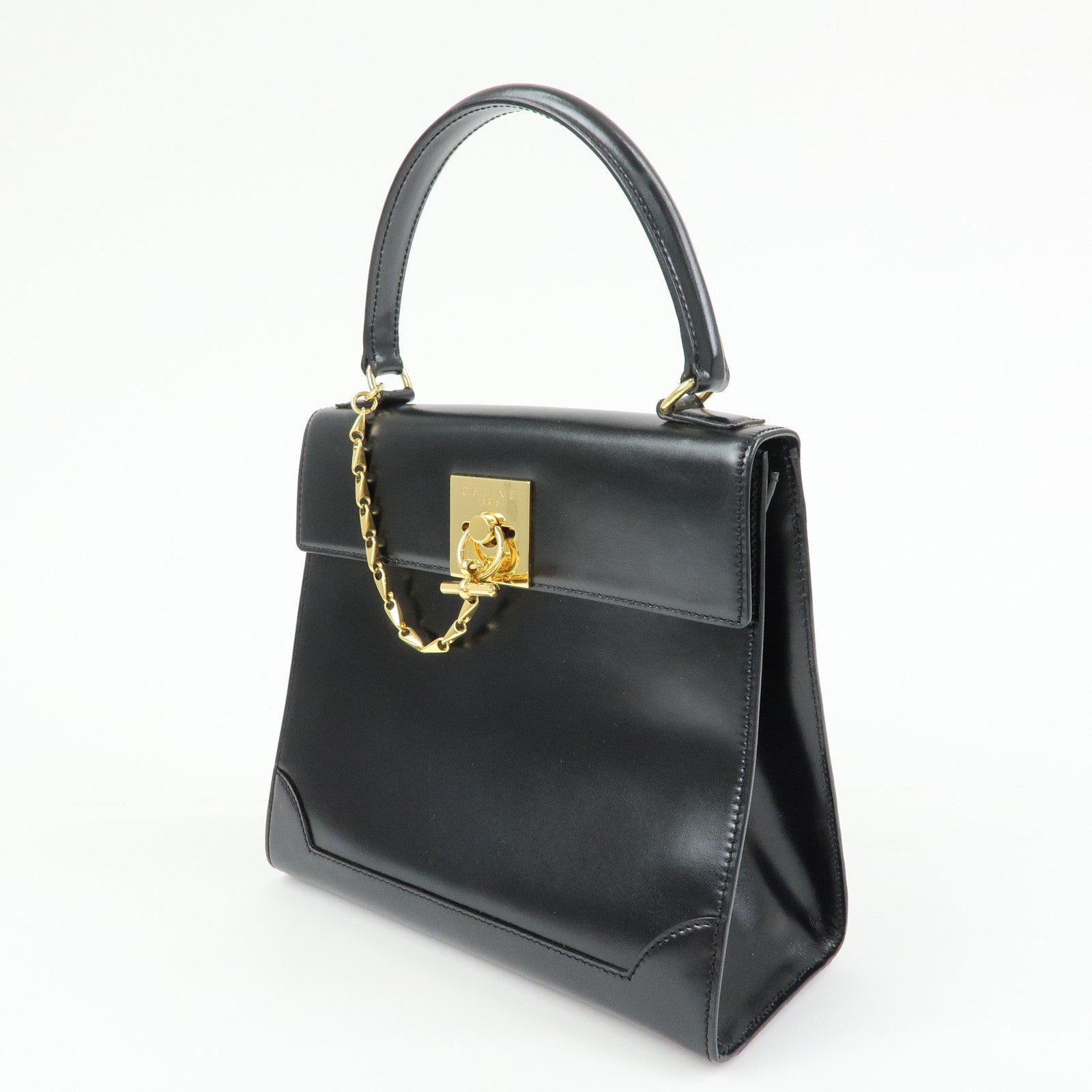 CELINE Leather Hand Bag Top-handle Bag Black Gold Chain