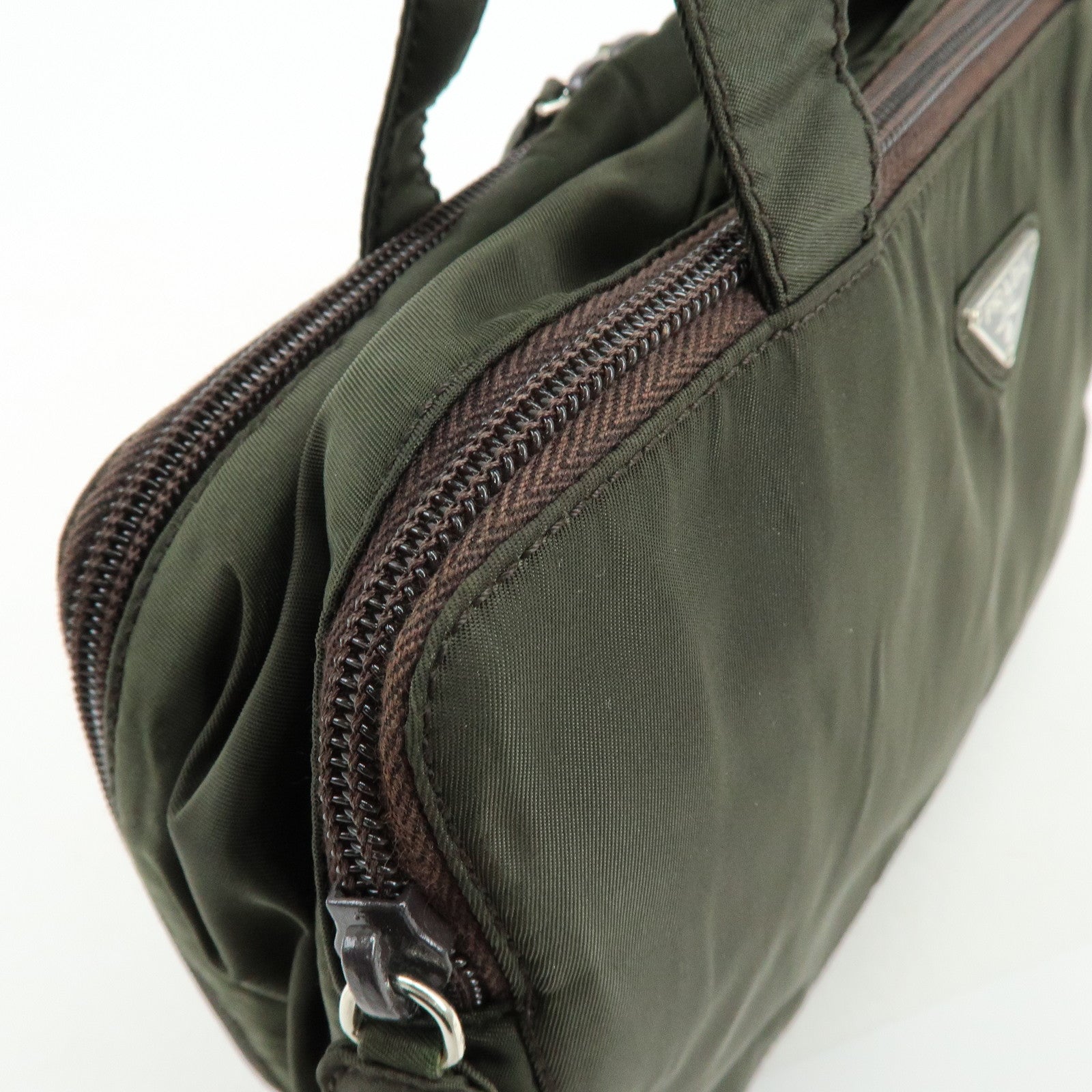 PRADA Triangle Logo Nylon Leather Hand Bag Cosmetic Case Khaki