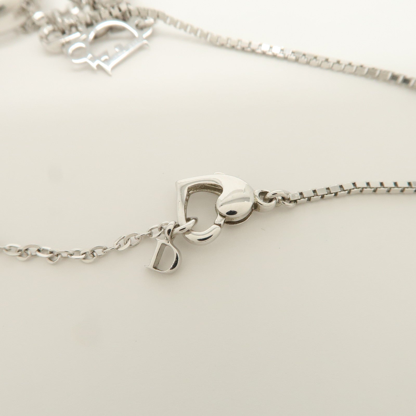 Christian Dior Metal Ring Ribbon Heart Motif Bracelet Silver Pink