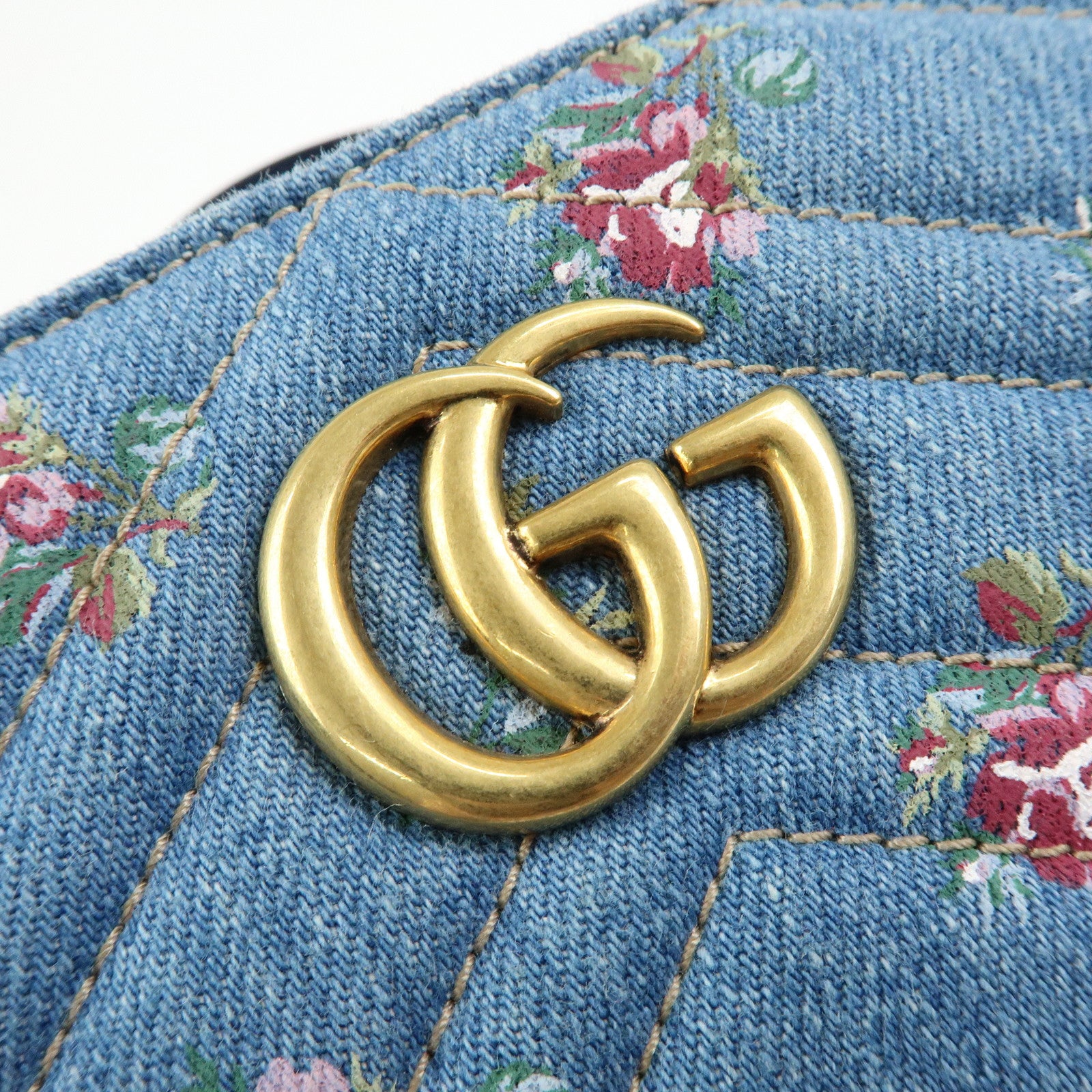 GUCCI GG Marmont Denim Leather 2Way Bag Flower Motif Navy 448054
