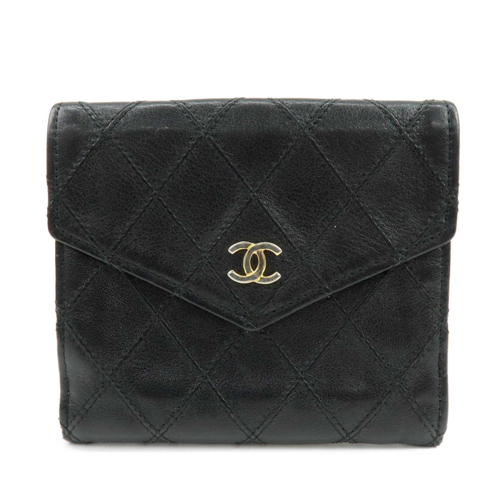 CHANEL Bicolore COCO Mark Calf Leather Compact Bi-fold Wallet Black