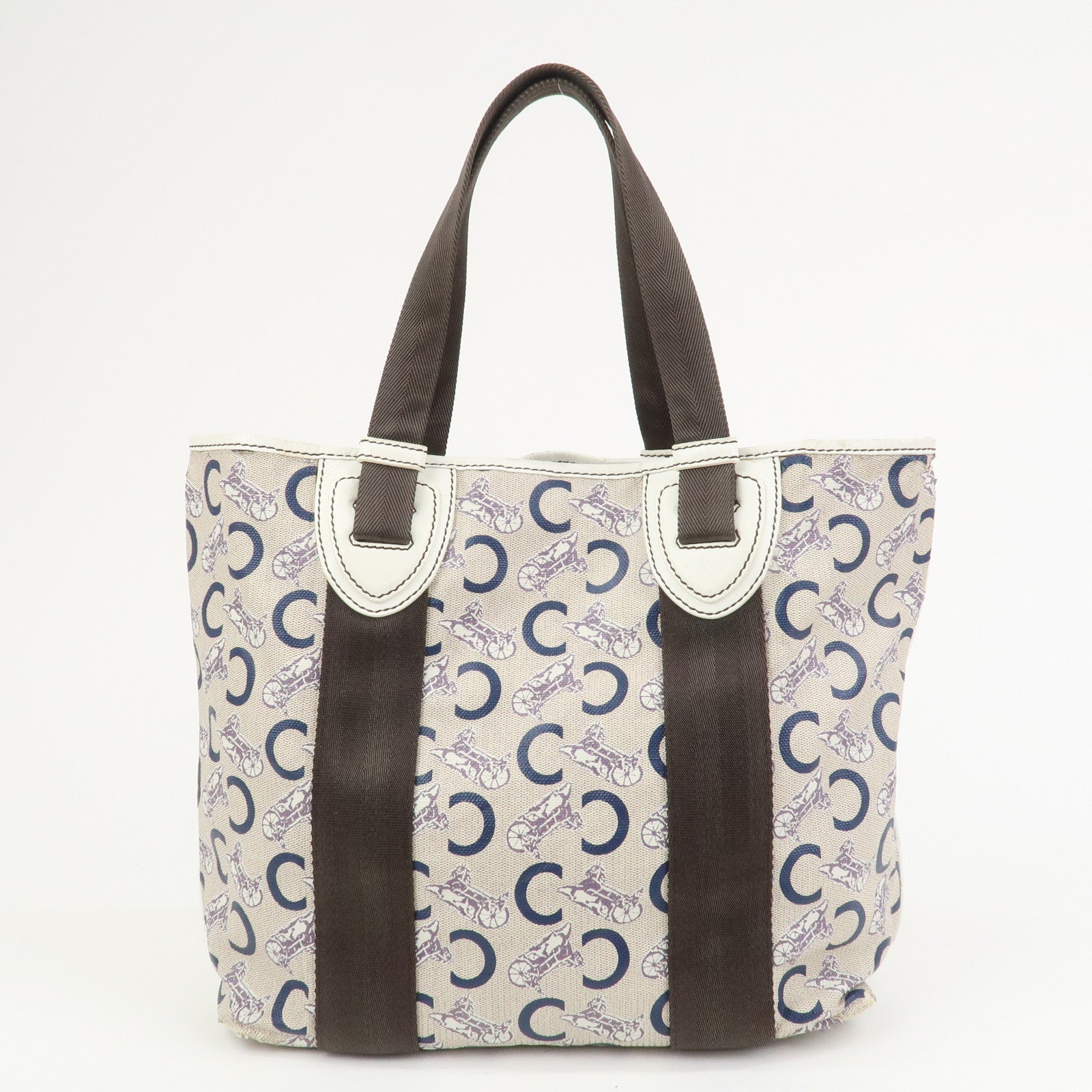 CELINE C Macadam PVC Canvas Leather Tote Bag Hand Bag Ivory Black