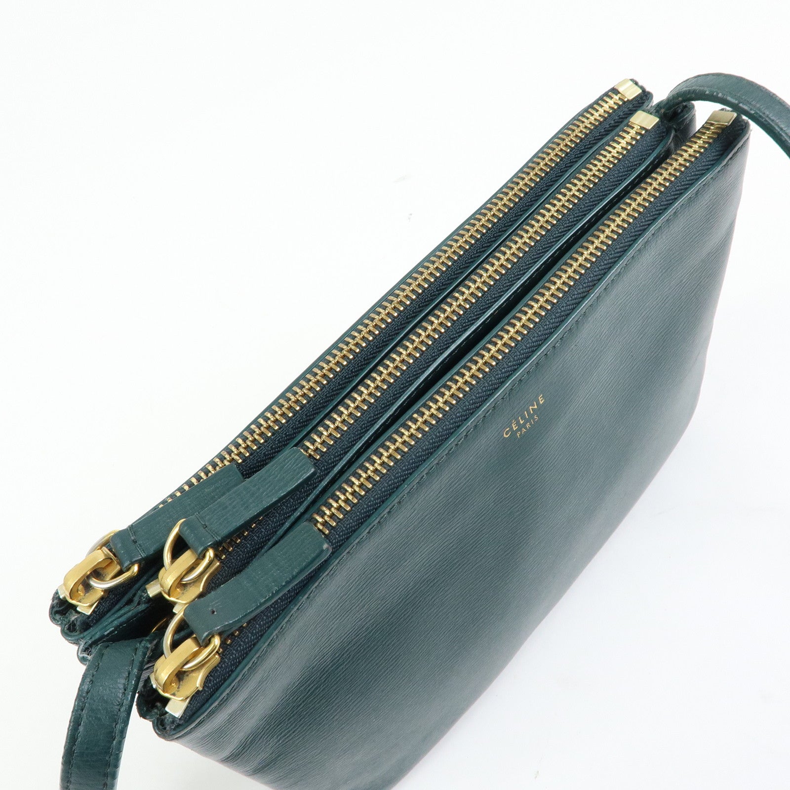 CELINE Trio Leather Shoulder Bag Three Detachable Pouch Dark Green