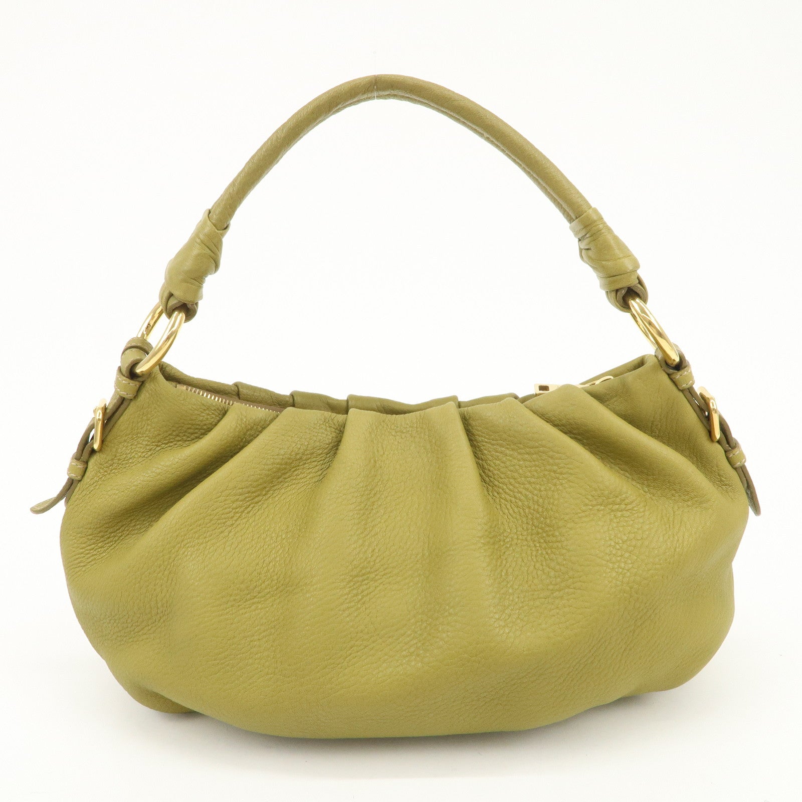 PRADA Logo Leather Shoulder Bag Hand Bag Khaki Gold HDW BR4070