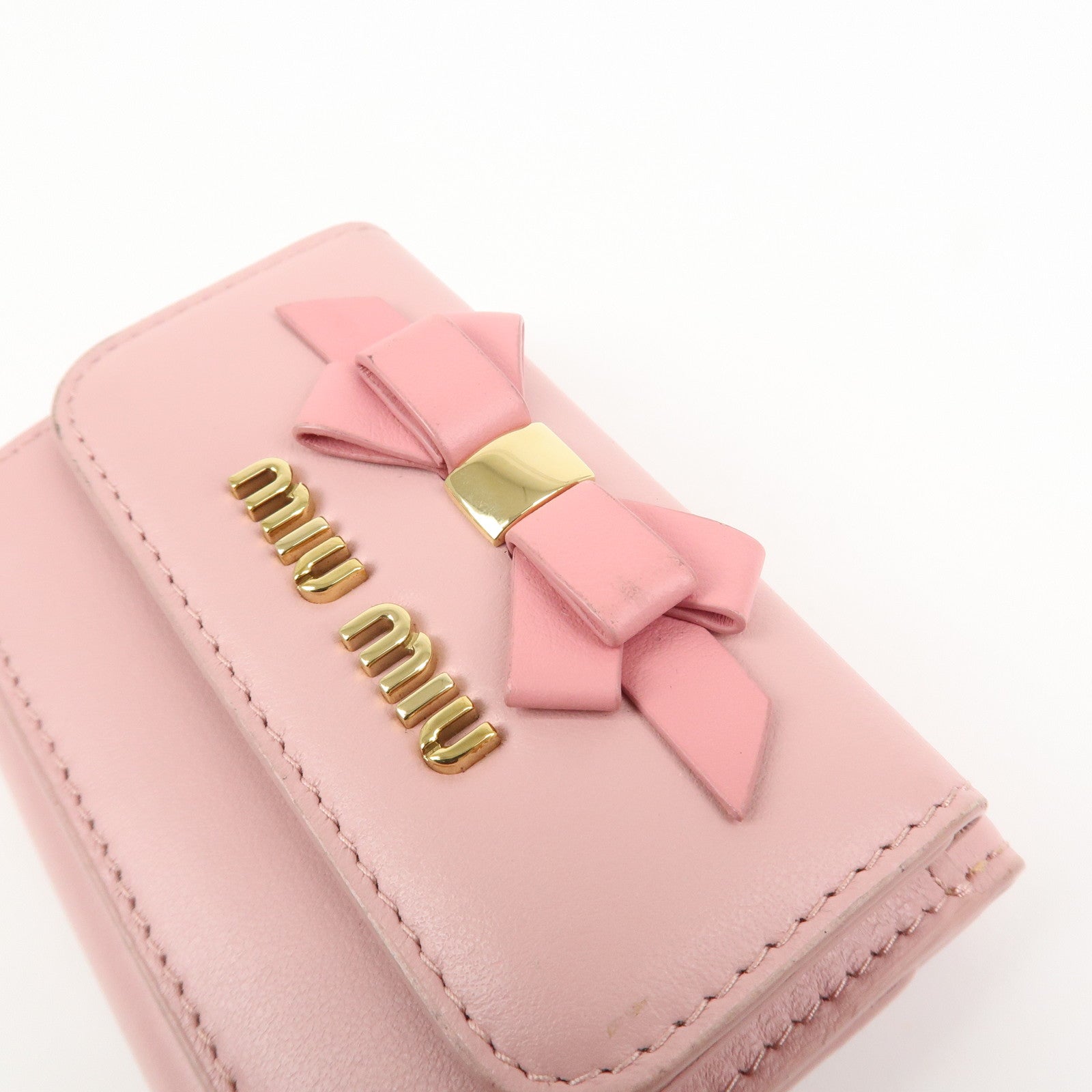 MIU MIU Logo Ribbon Tri-fold Wallet Compact Wallet Pink 5MH020