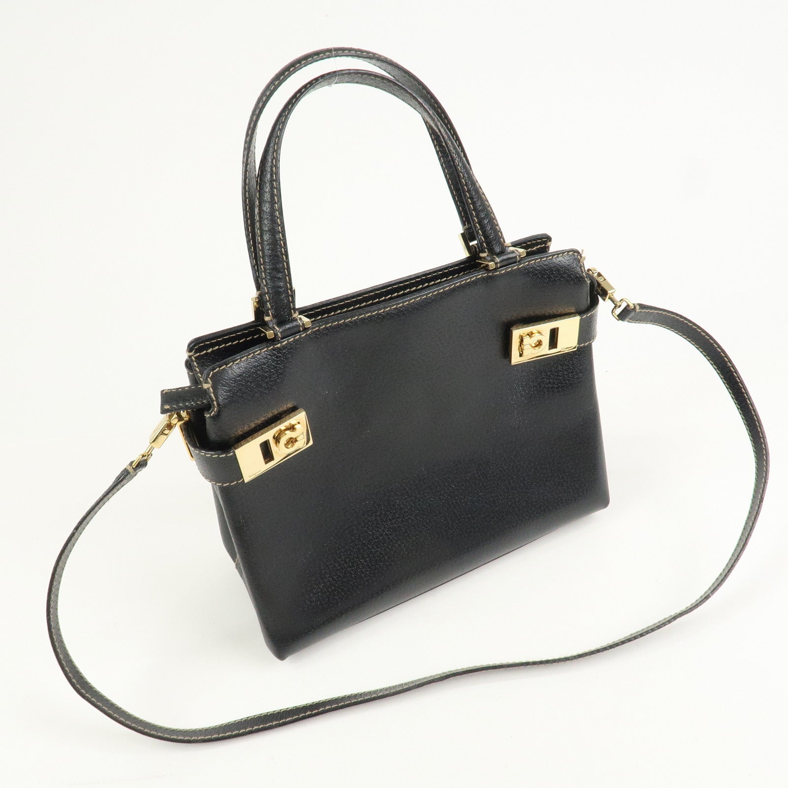 Ferragamo Gancini Leather 2 Way Bag Hand Bag Shoulder Bag Black