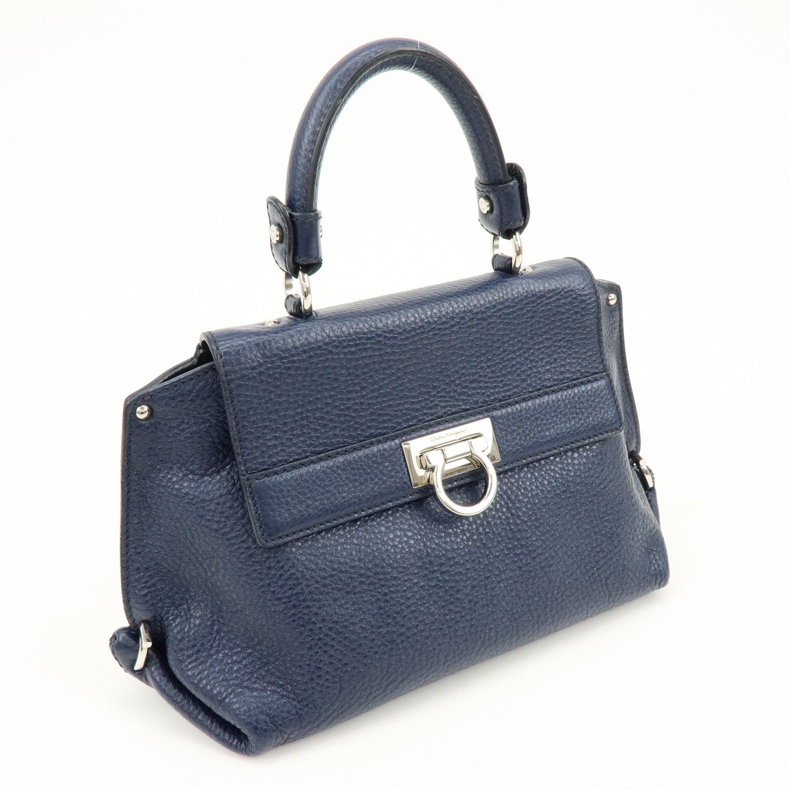 Ferragamo Gancini Leather Hand Bag Navy