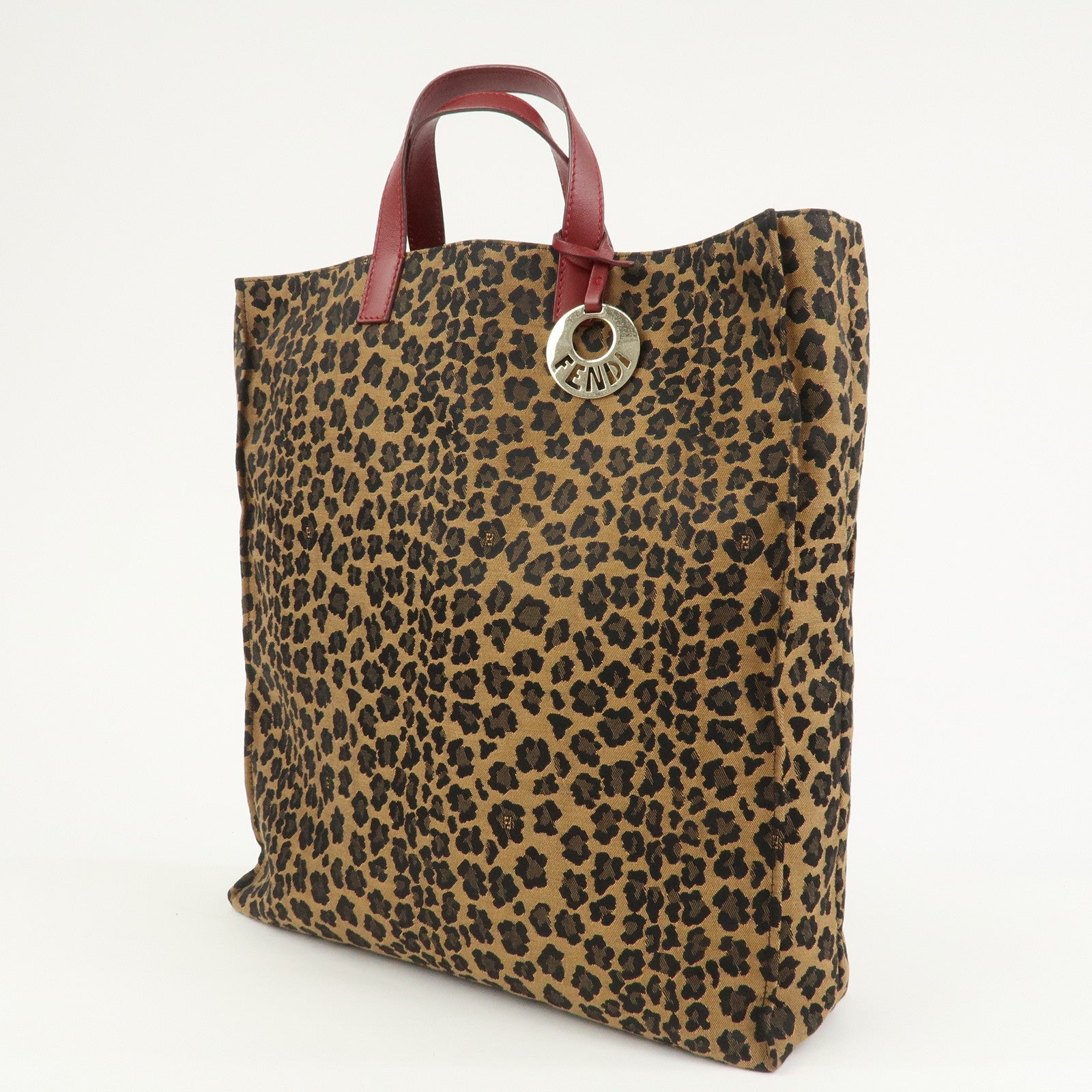 FENDI Canvas Leather Leopard Tote Bag Hand Bag Brown Red 8BH173