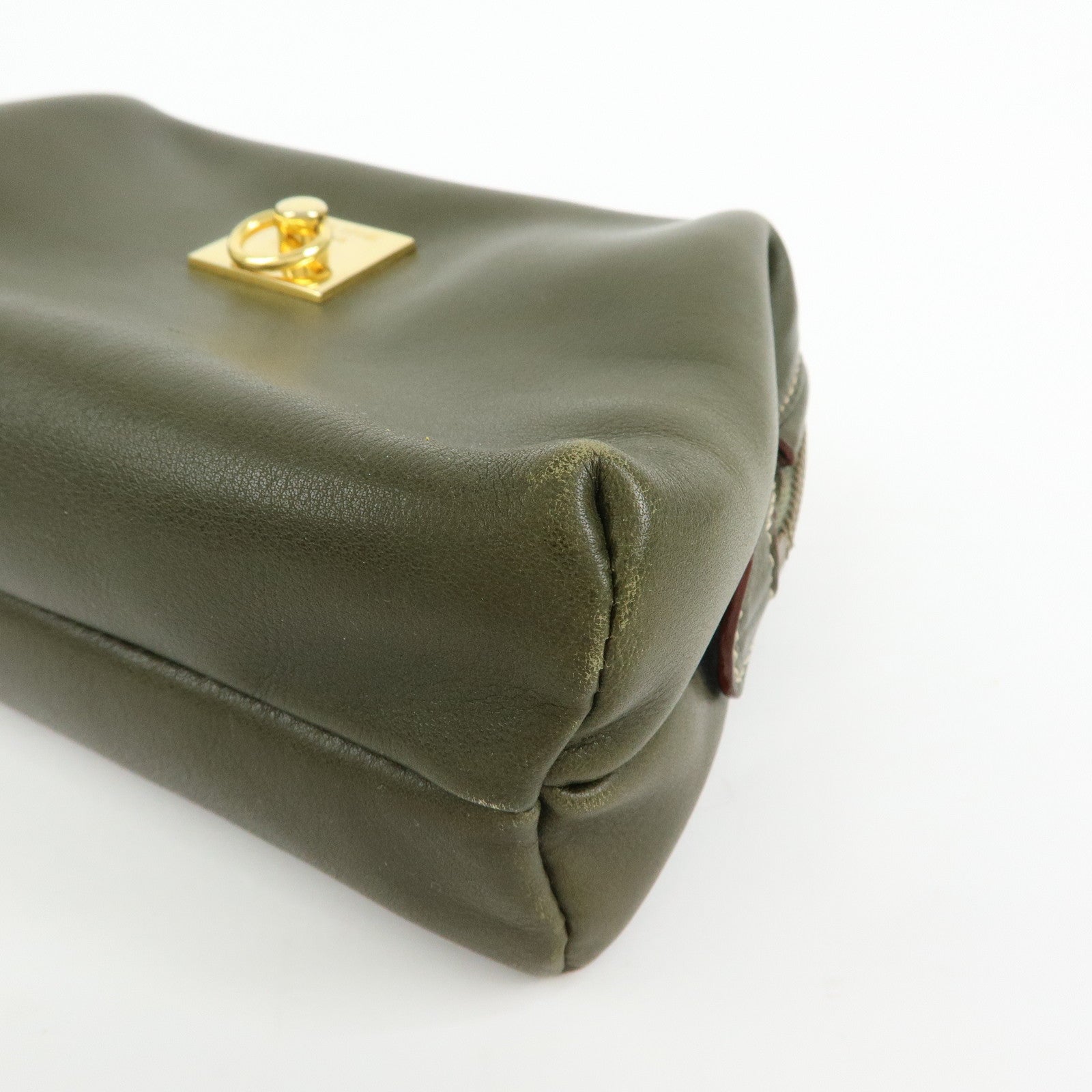 CELINE Logo Leather Accessory Pouch Cosmetic Case Khaki
