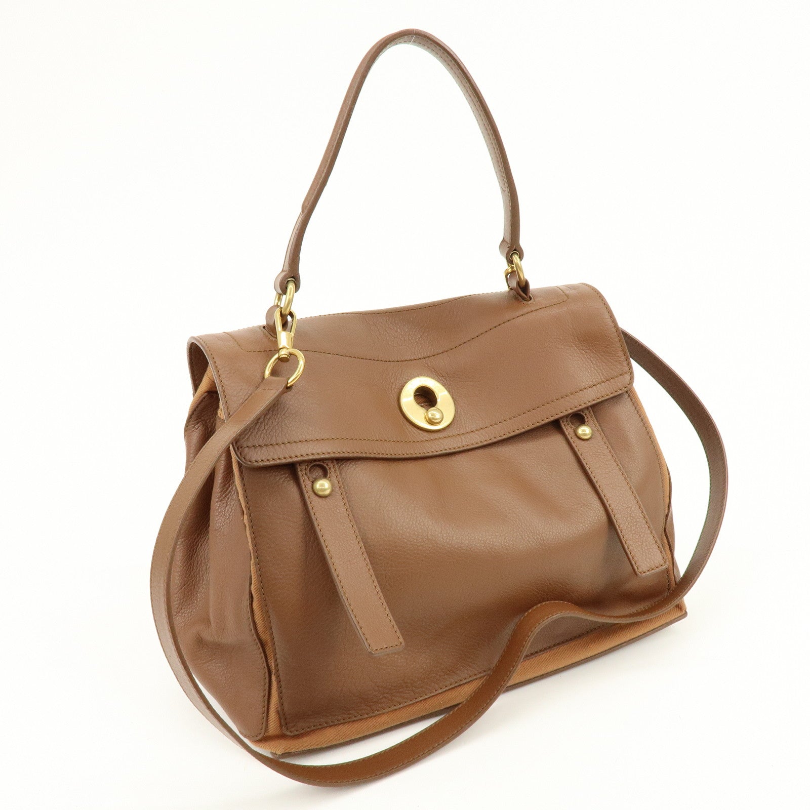 SAINT LAURENT PARIS Muse Two Leather Canvas 2WAY Bag Brown 229680