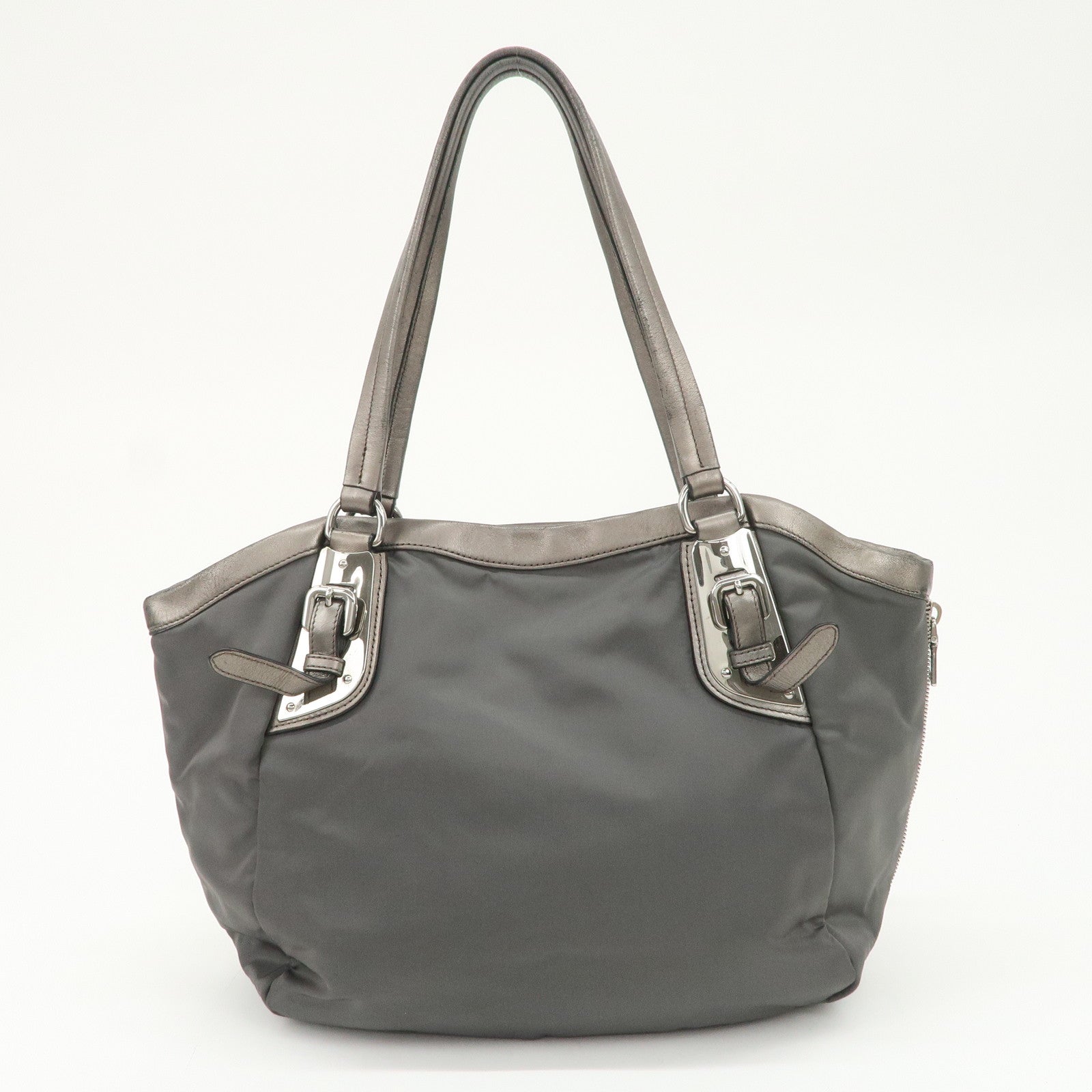 PRADA Logo Nylon Leather Tote Bag Shoulder Bag Gray BR4007