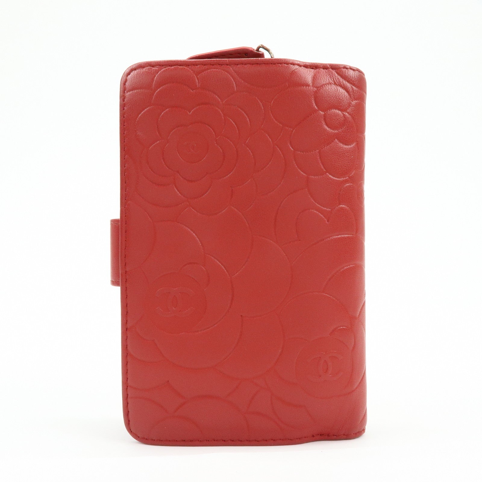 CHANEL Camellia COCO Mark Lamb Skin Bi-fold Compact Wallet Red