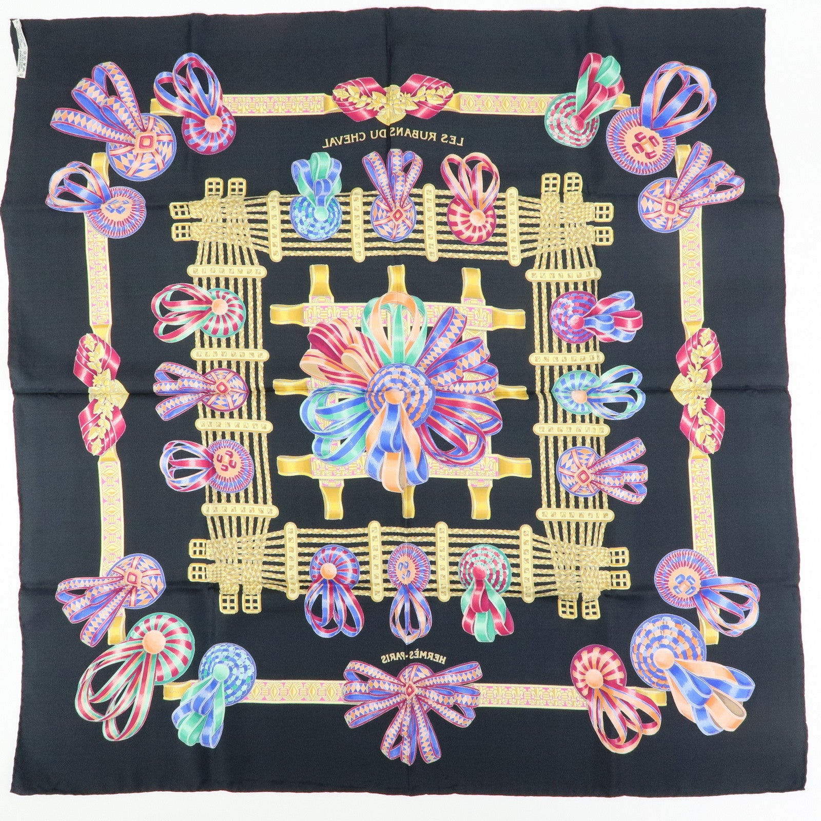 HERMES Carre 90 Silk 100% LES RUBANS DU CHEVAL Scarf Black
